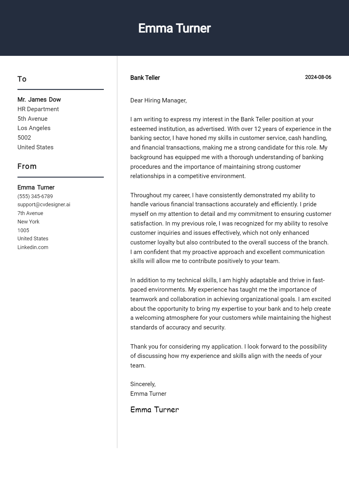 Bank Teller Cover Letter Example for 2026 (Download Templates) Preview
