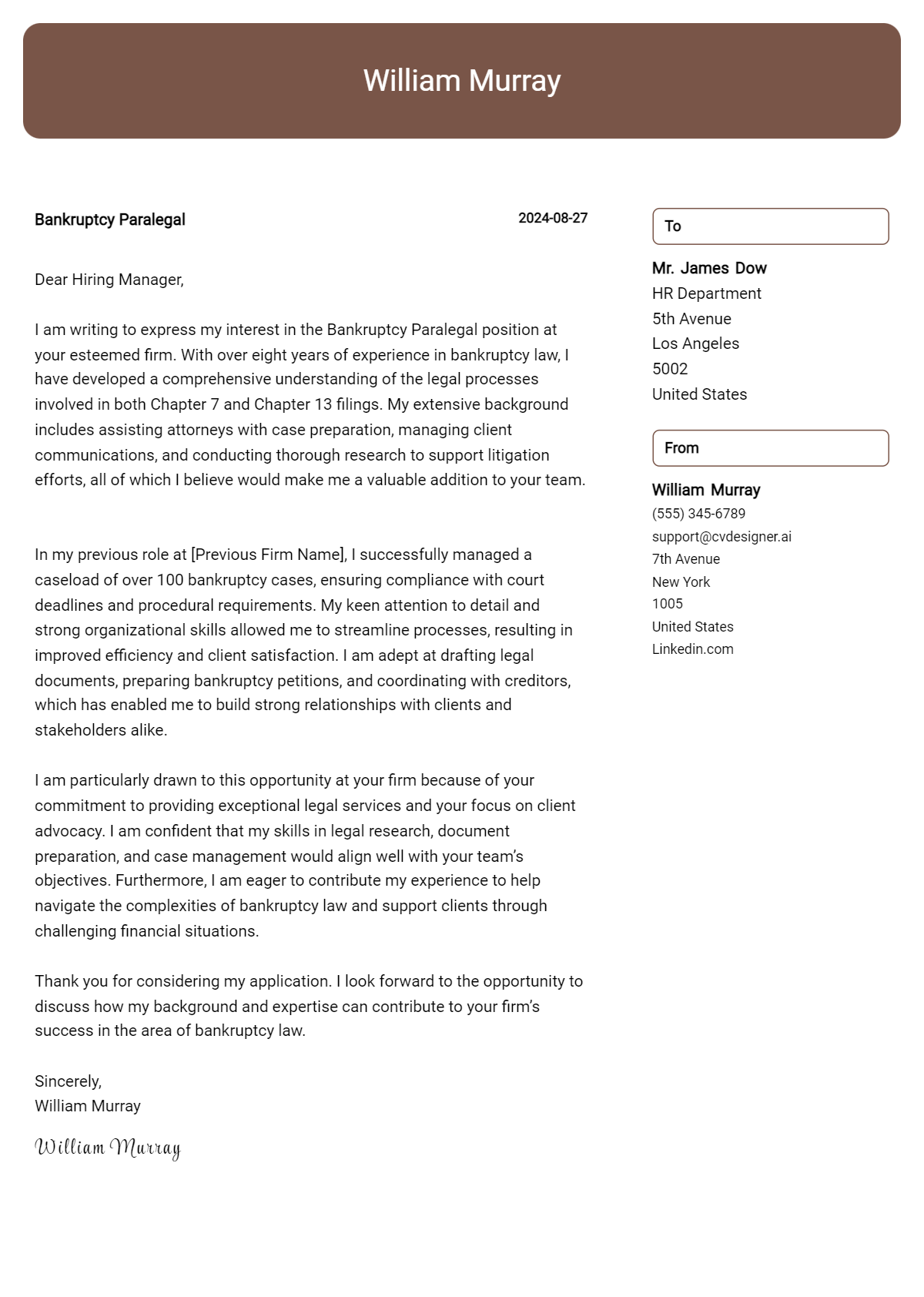 Bankruptcy Paralegal Cover Letter Example for 2026: Tips & Templates Preview