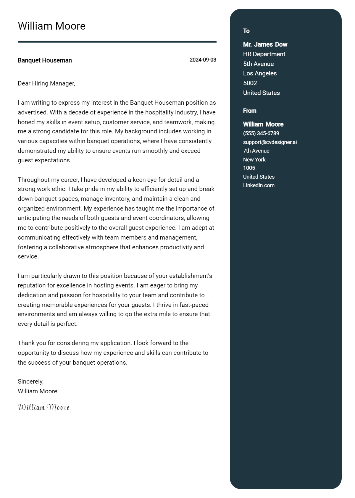 Banquet Houseman Cover Letter Example for 2026: Tips & Templates Preview