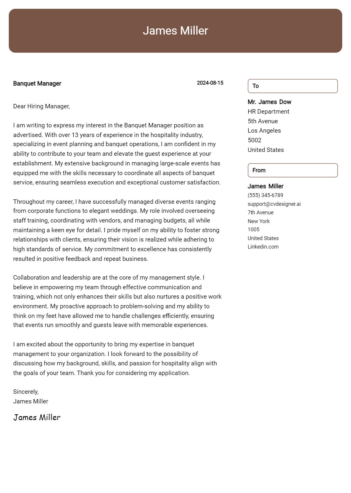 Banquet Manager Cover Letter Example for 2026 (Free Templates) Preview