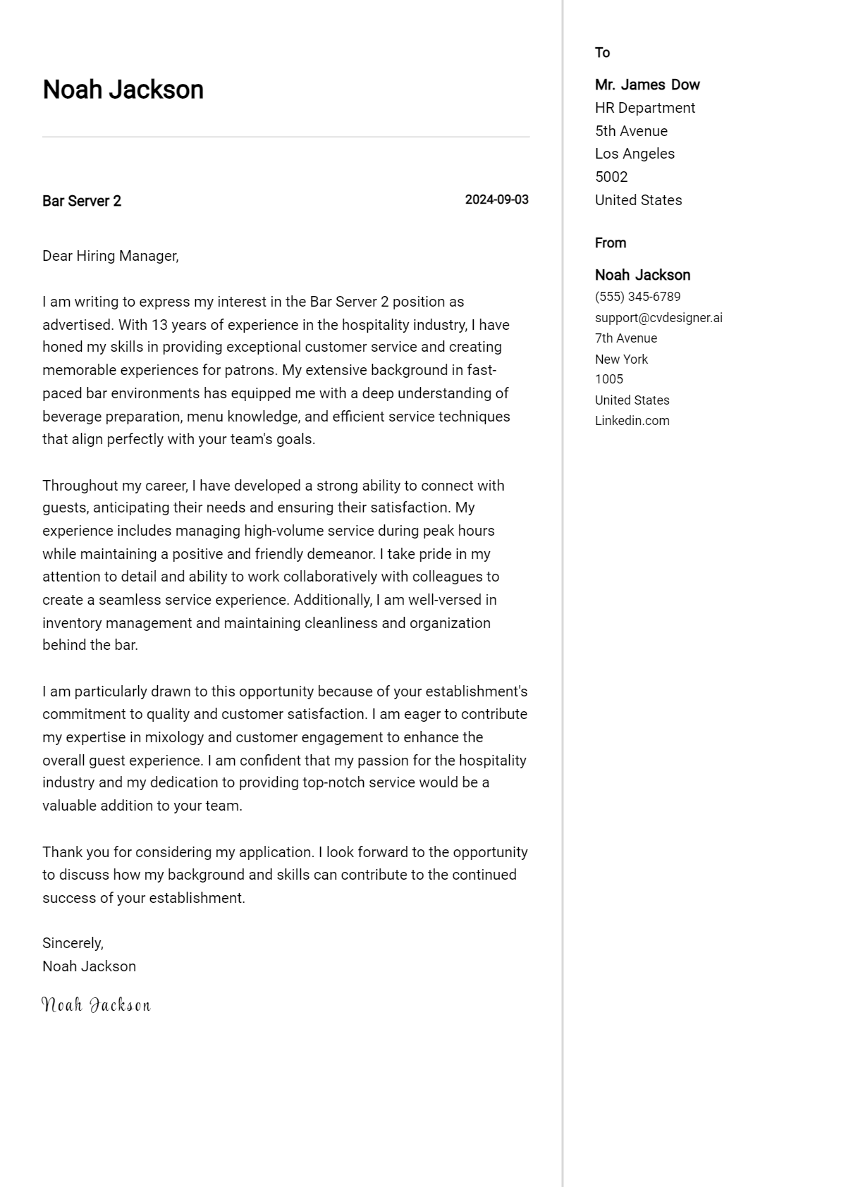 19 Bar Server Cover Letter Examples for 2026 (Free Templates) Preview