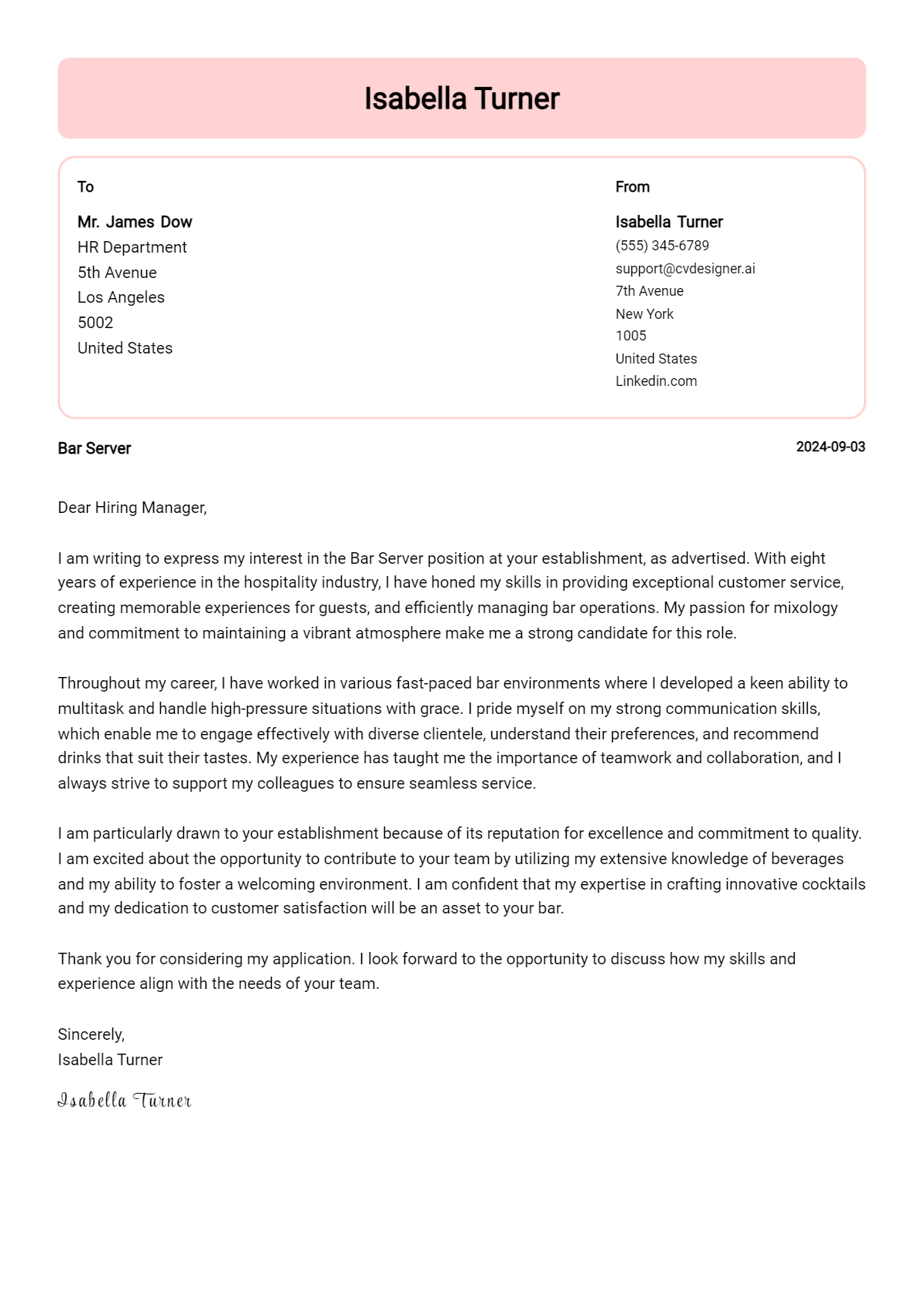 21 Bar Server Cover Letter Examples for 2026: Proven Tips Preview