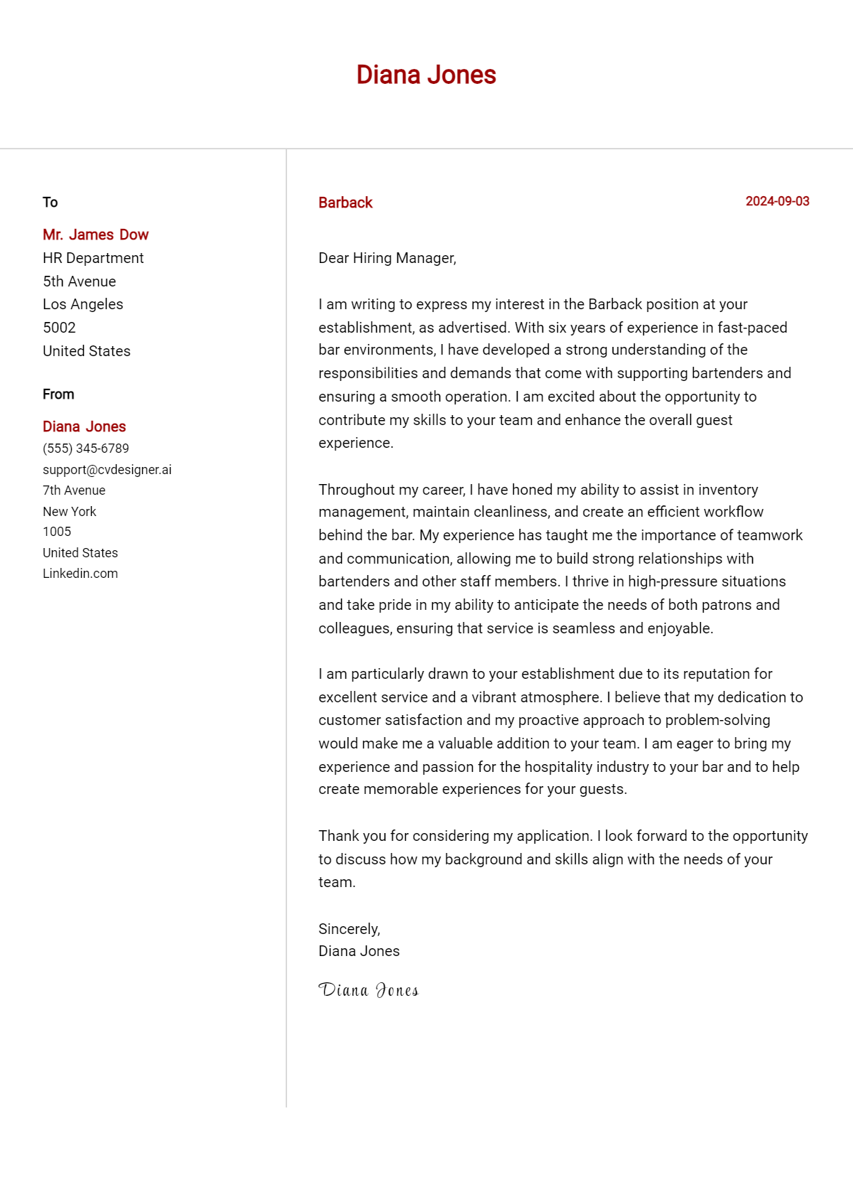 Barback Cover Letter Example for 2026: Proven Tips Preview