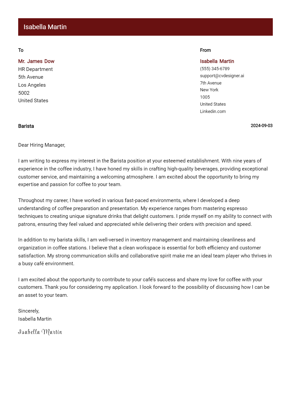 Barista Cover Letter Example for 2026: Tips & Templates Preview