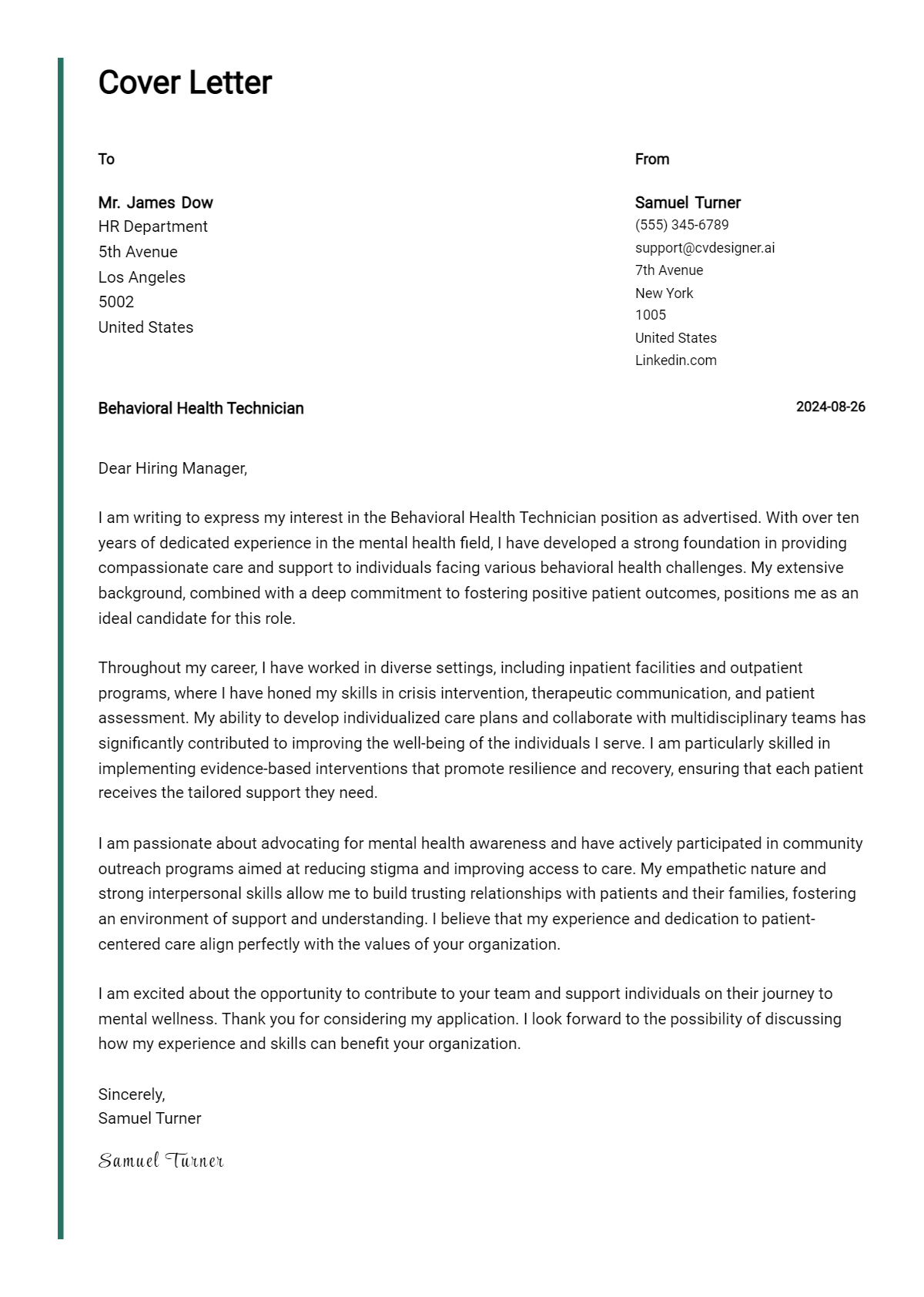 Behavioral Health Technician Cover Letter Examples for 2026 (Downloadable) Preview