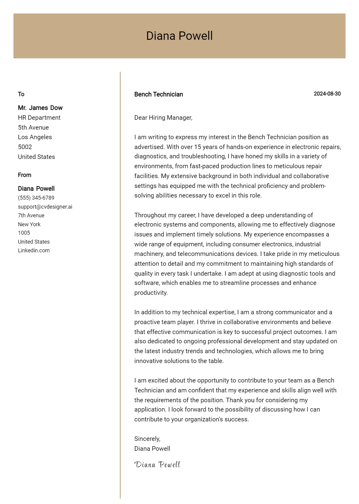 Bench Technician Cover Letter Example for 2026: Ultimate Guide Preview