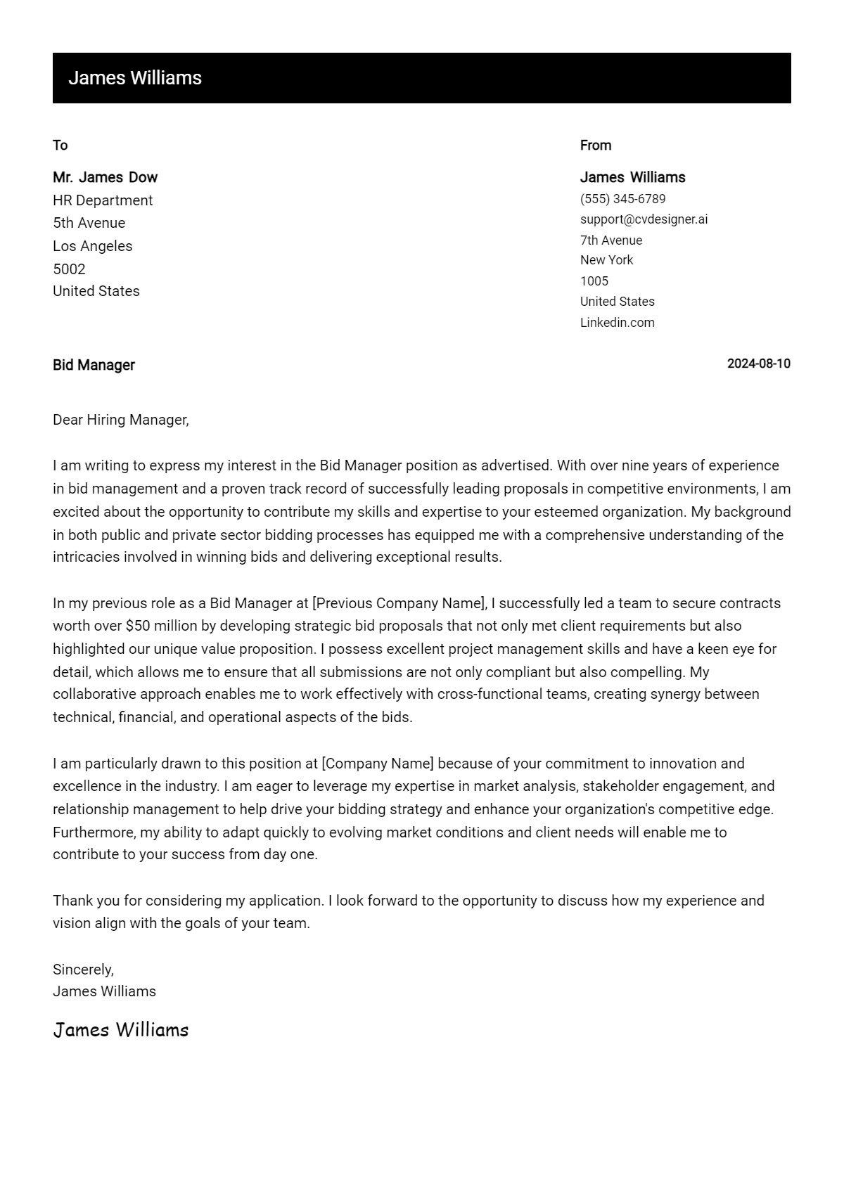 Bid Manager Cover Letter Samples & Examples 2026 Preview