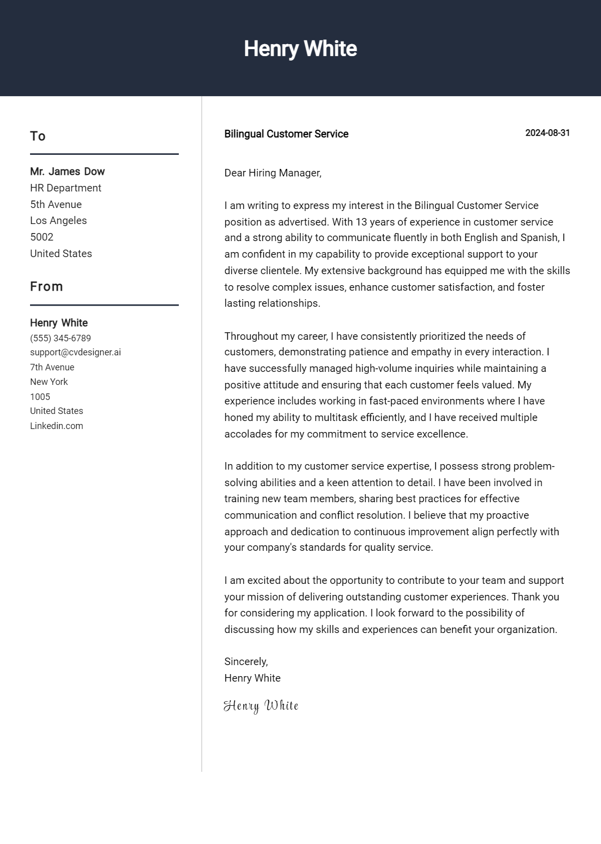Bilingual Customer Service Cover Letter Example for 2026 (Writing Guide) Preview