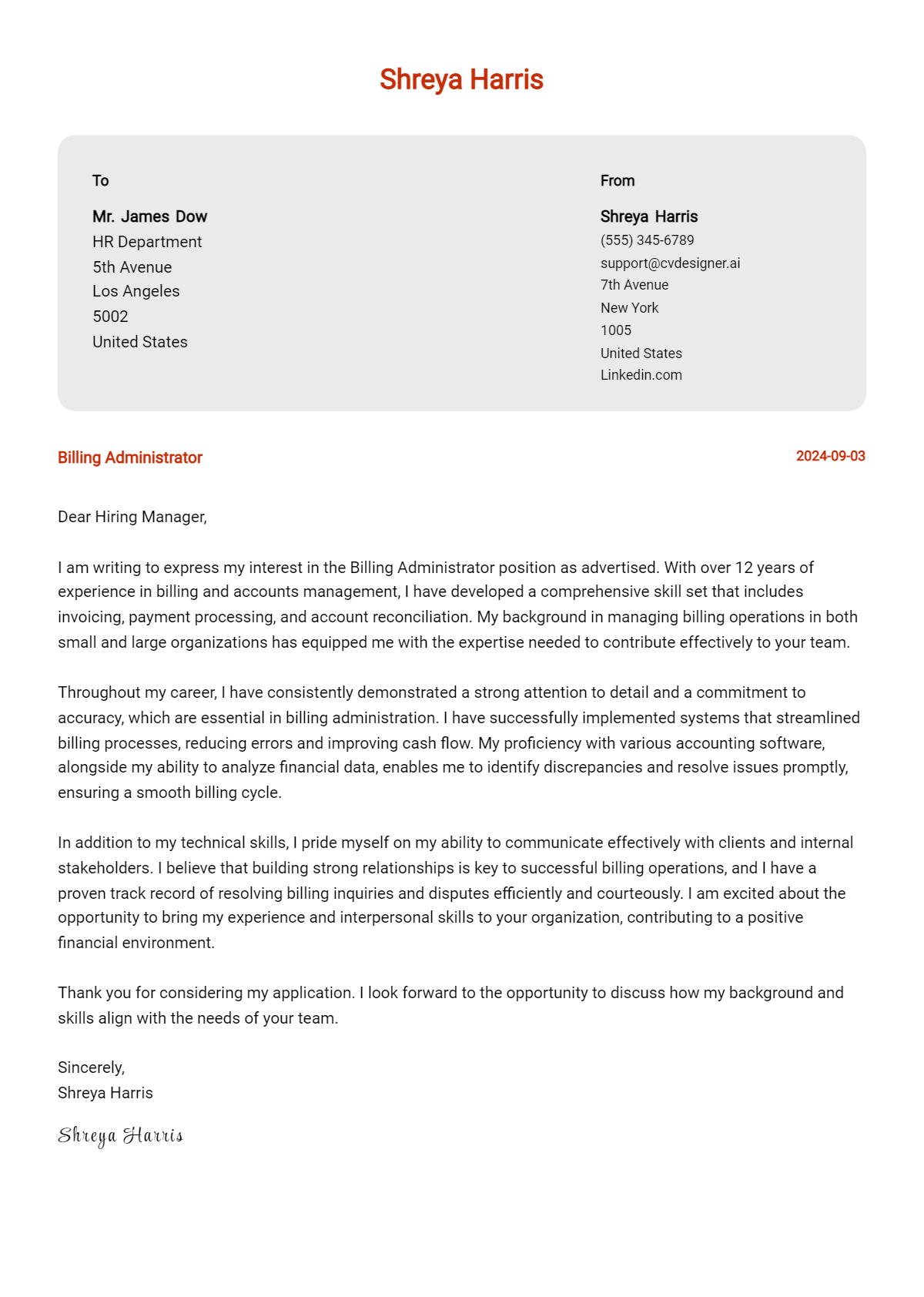 6 Billing Administrator Cover Letter Example for 2026 (Download Templates) Preview