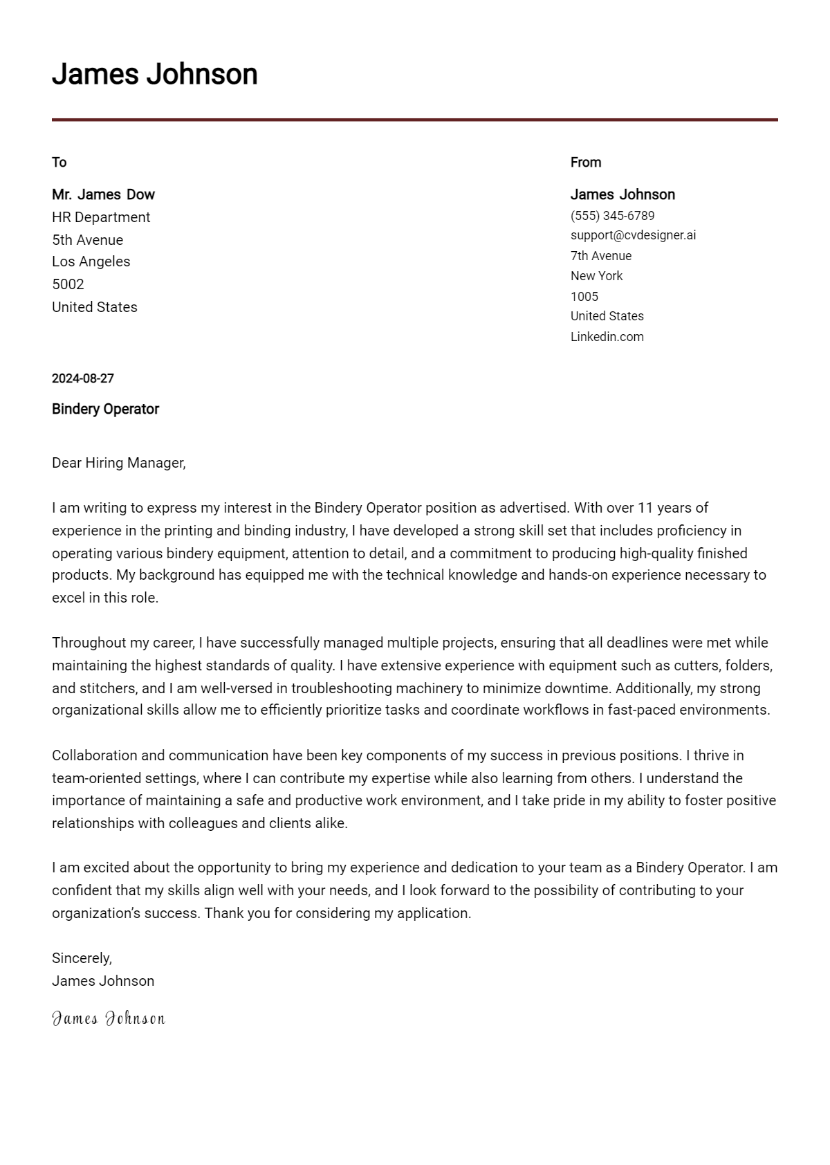 Bindery Operator Cover Letter Examples and Templates for 2026 Preview