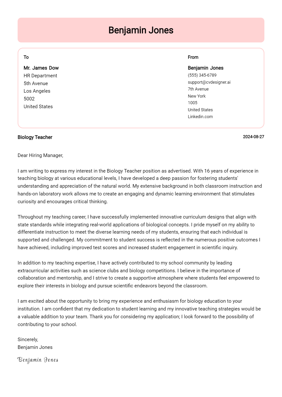 Biology Teacher Cover Letter Example for 2026 (Download Templates) Preview