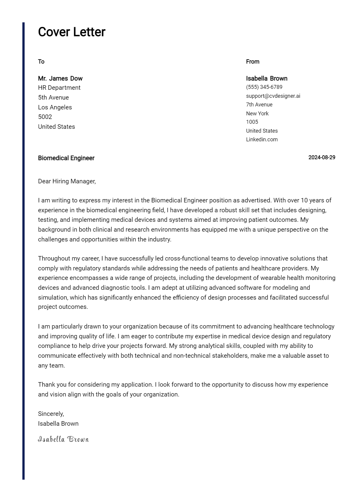 Biomedical Engineer Cover Letter Example for 2026: Proven Tips Preview