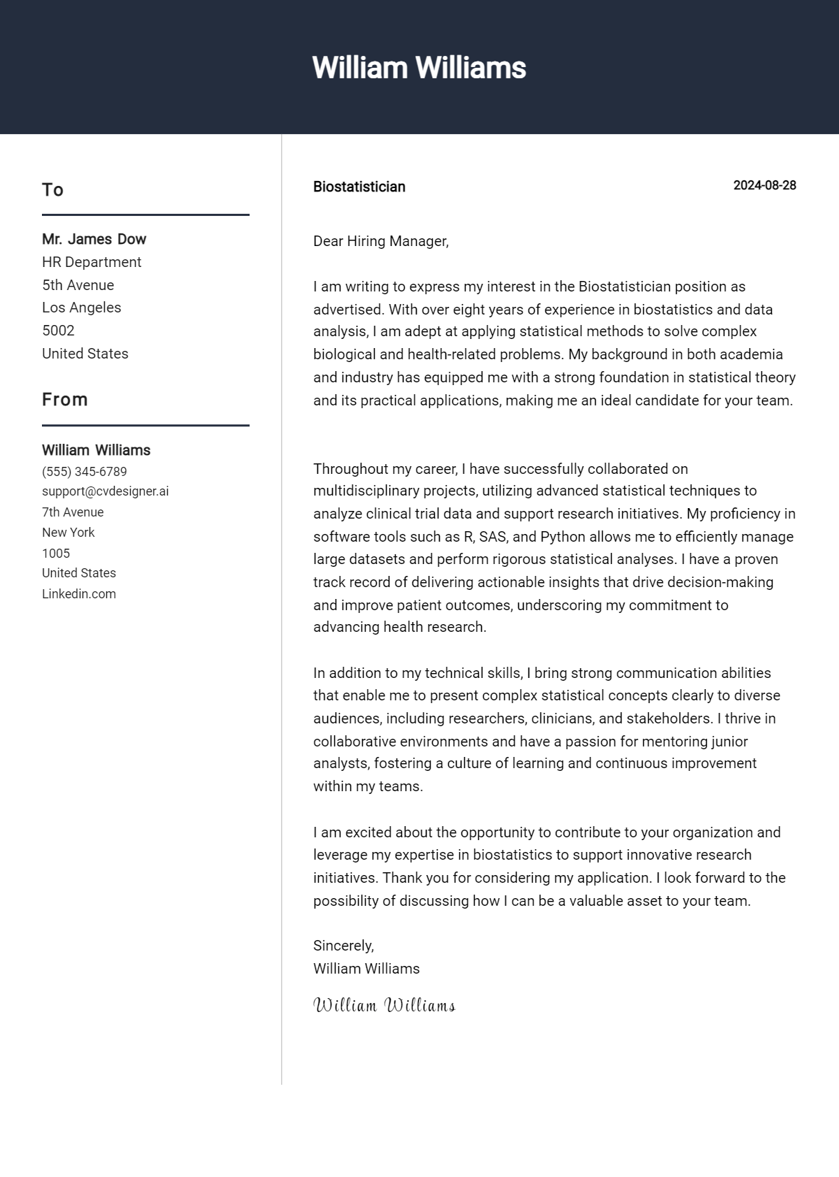 Biostatistician Cover Letter Example for 2026 (Free Templates) Preview