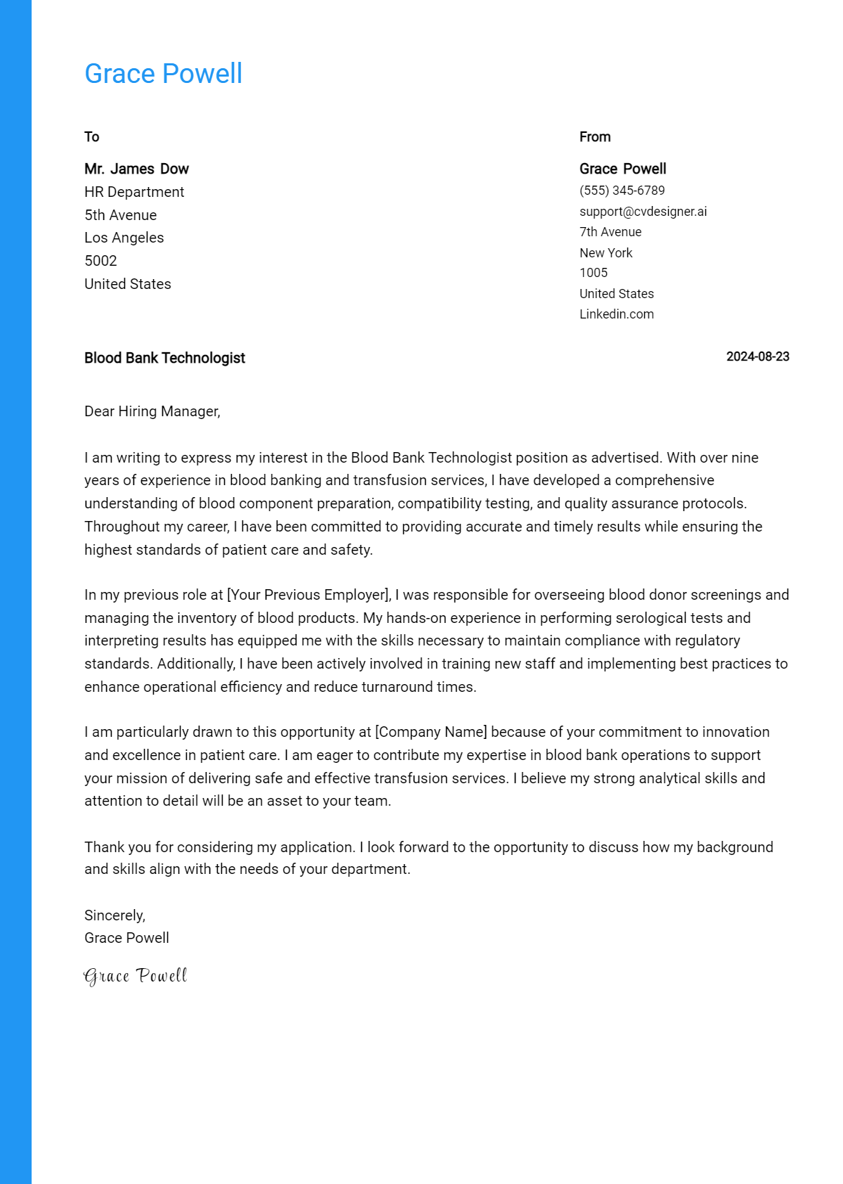 Blood Bank Technologist Cover Letter Example for 2026: Expert Tips & Templates Preview
