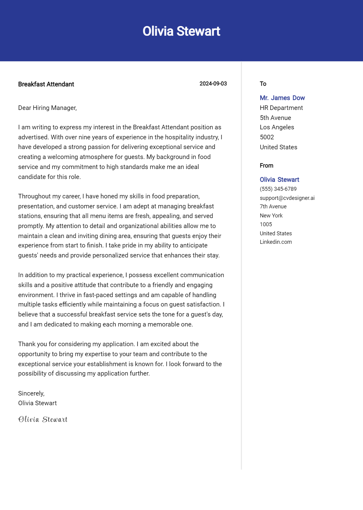 Breakfast Attendant Cover Letter Examples for 2026 (Downloadable) Preview