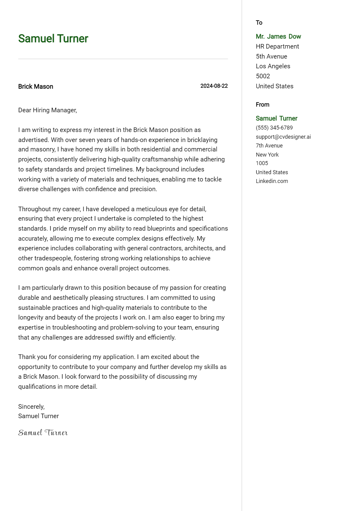 Brick Mason Cover Letter Example for 2026 (Free Templates) Preview