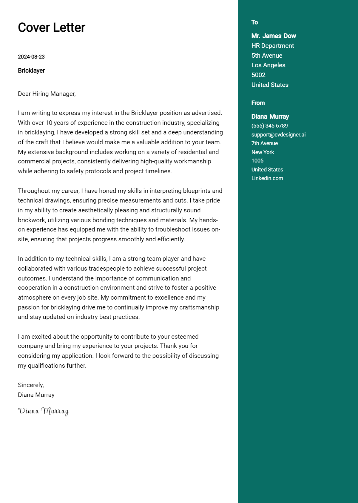 Bricklayer Cover Letter Example for 2026 (Free Templates) Preview