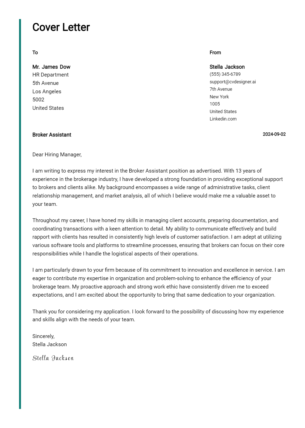 Broker Assistant Cover Letter Example for 2026: Proven Tips Preview