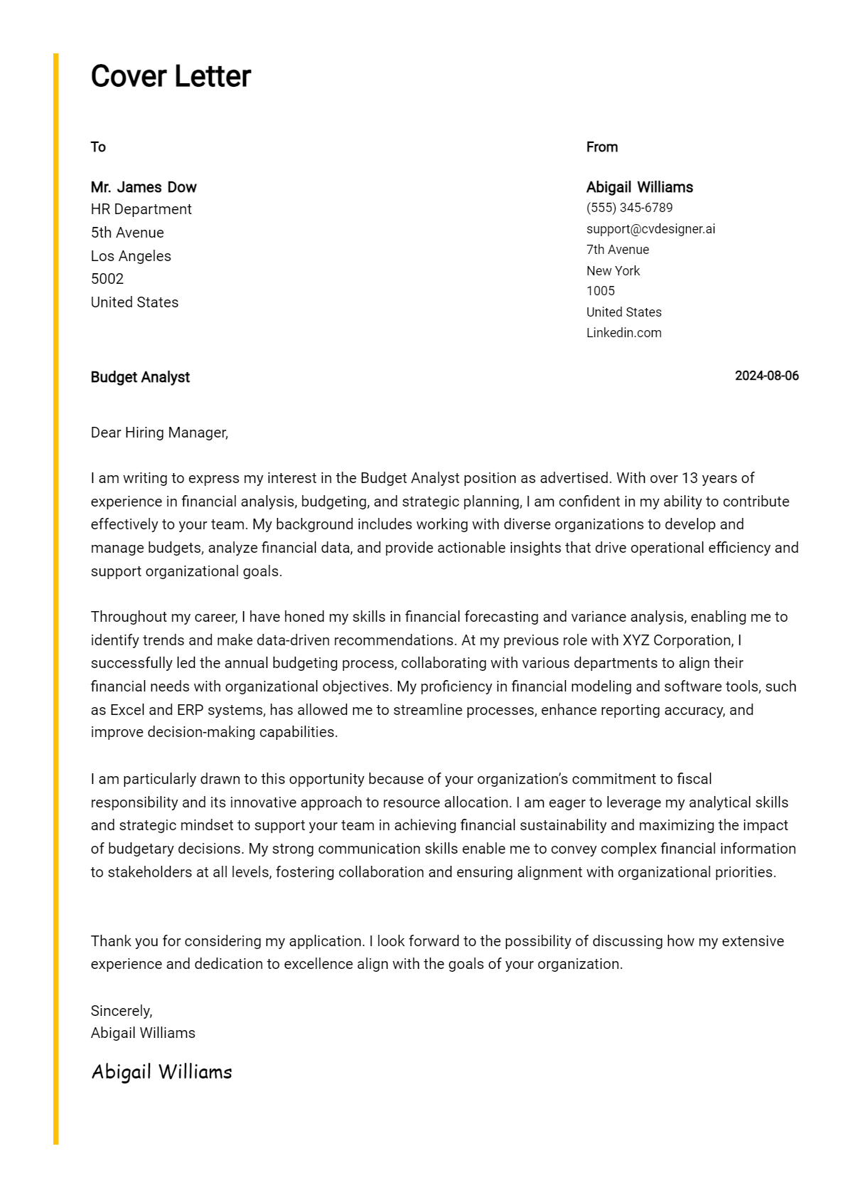 Budget Analyst Cover Letter Example for 2026 (Free Templates) Preview