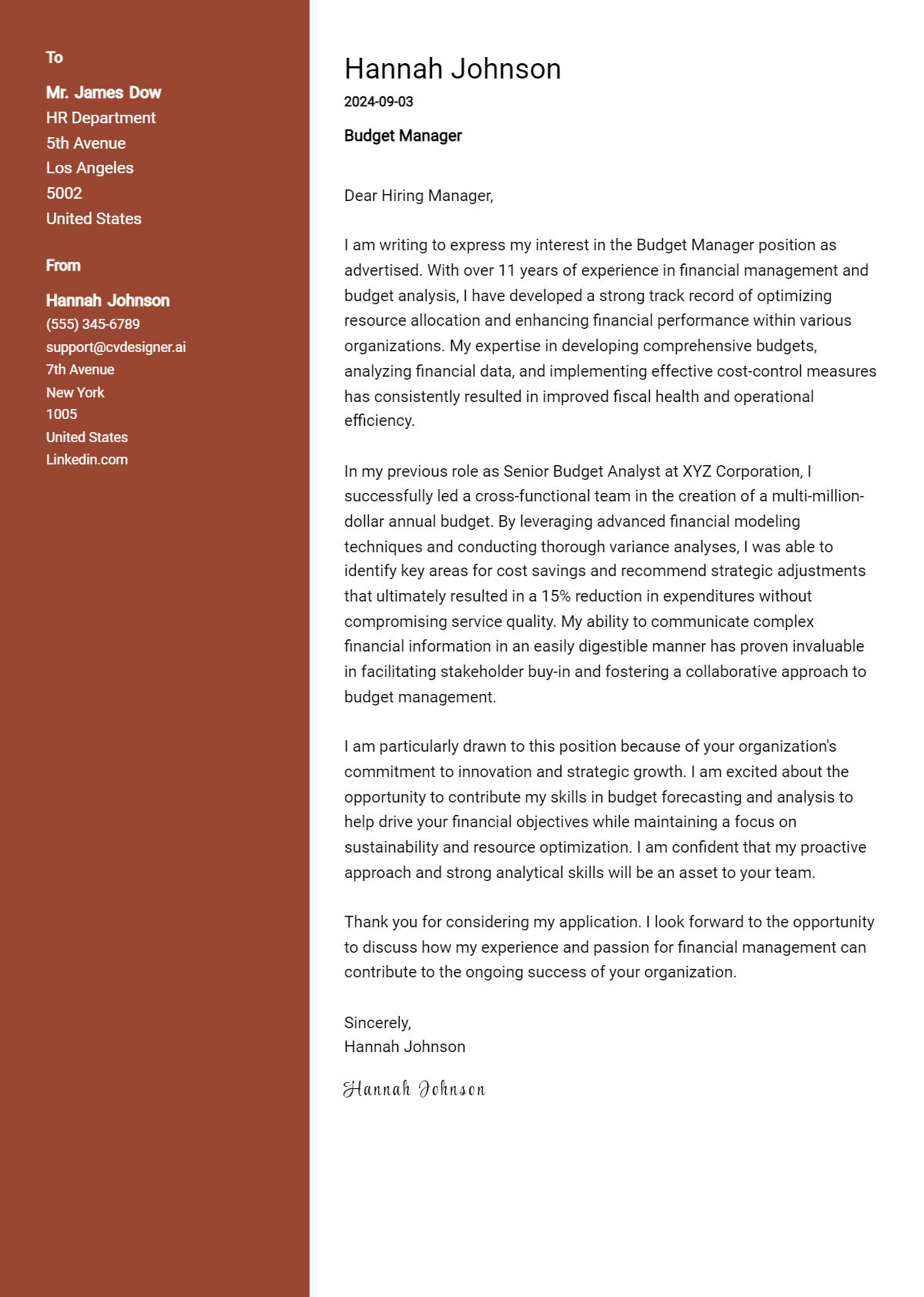 Budget Manager Cover Letter Example for 2026 (Writing Guide) Preview