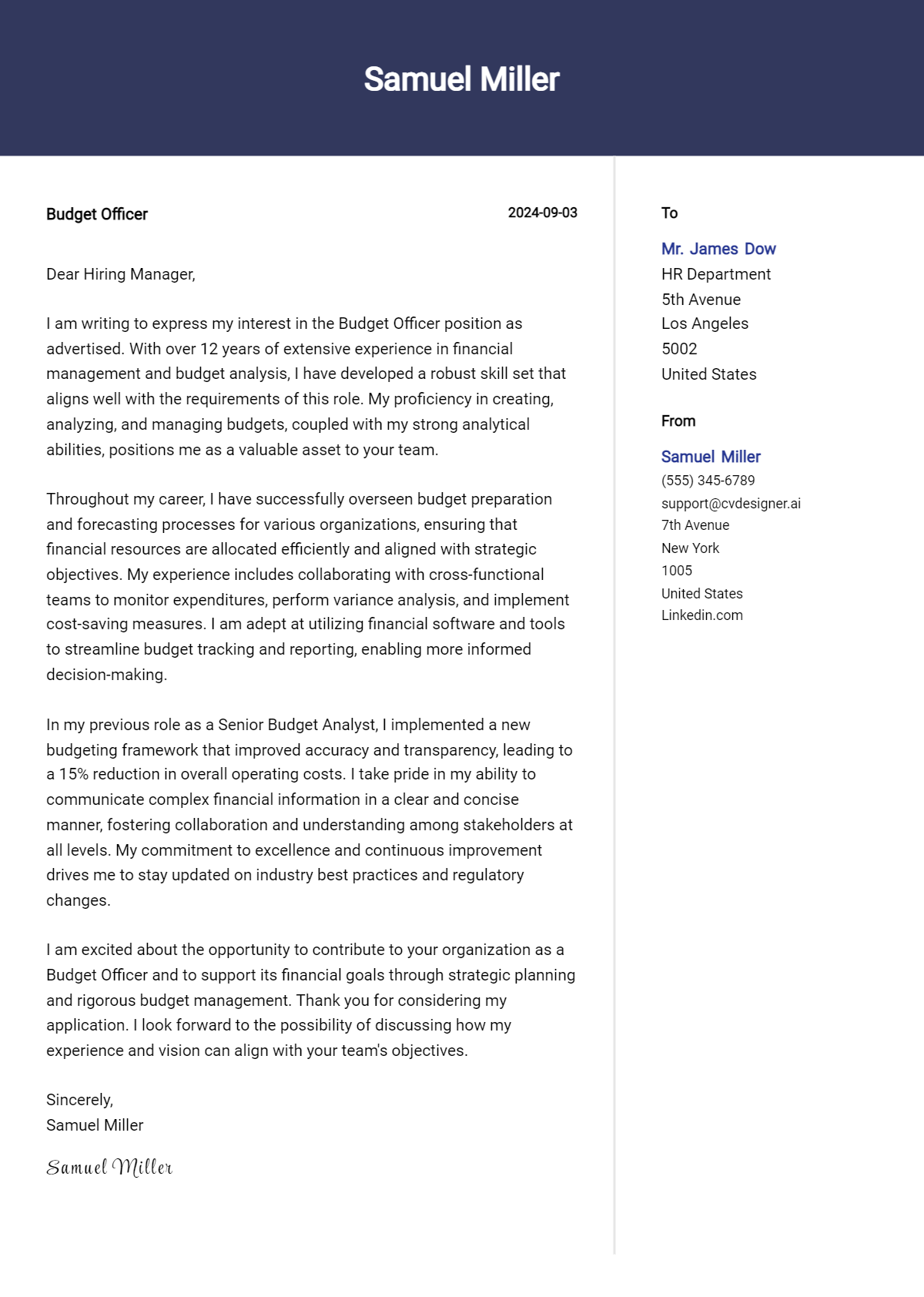 Budget Officer Cover Letter Examples for 2026 (Downloadable) Preview