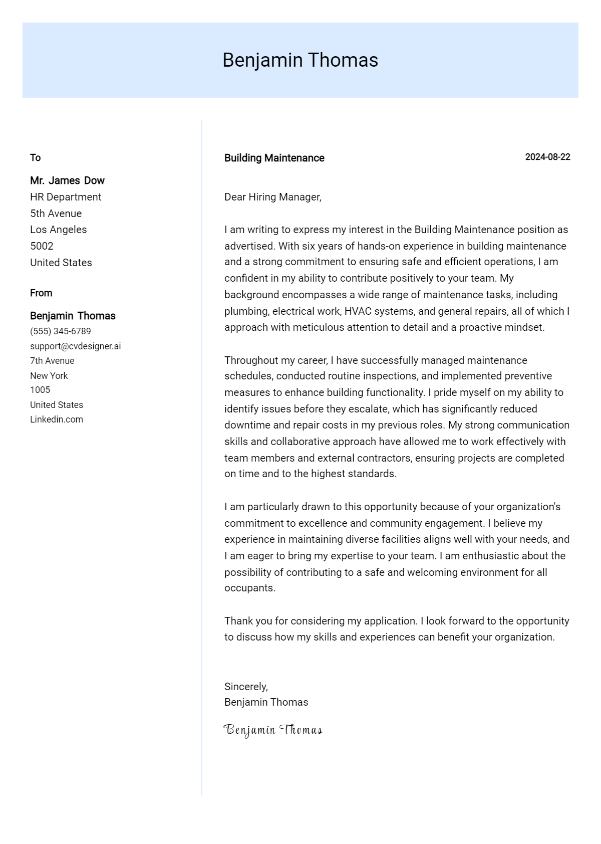 Building Maintenance Cover Letter Samples & Examples 2026 Preview