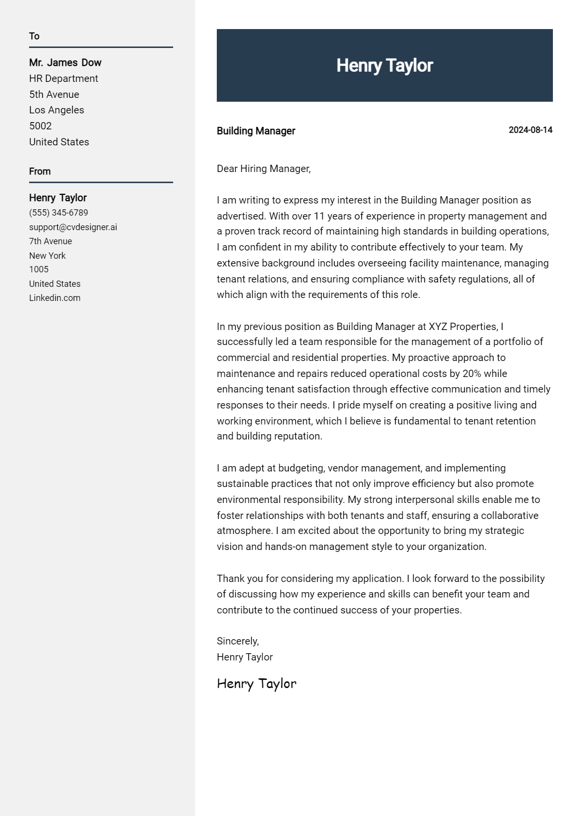 Building Manager Cover Letter Example for 2026 (Download Templates) Preview