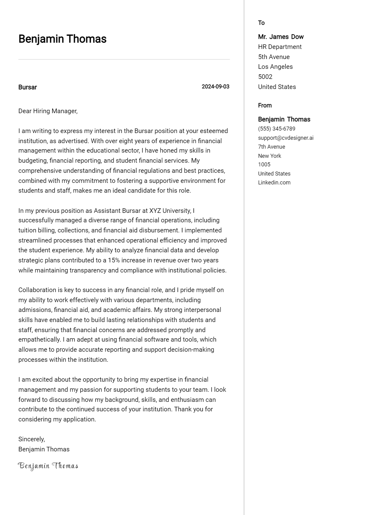 Bursar Cover Letter Example for 2026: Top CV Skills Preview