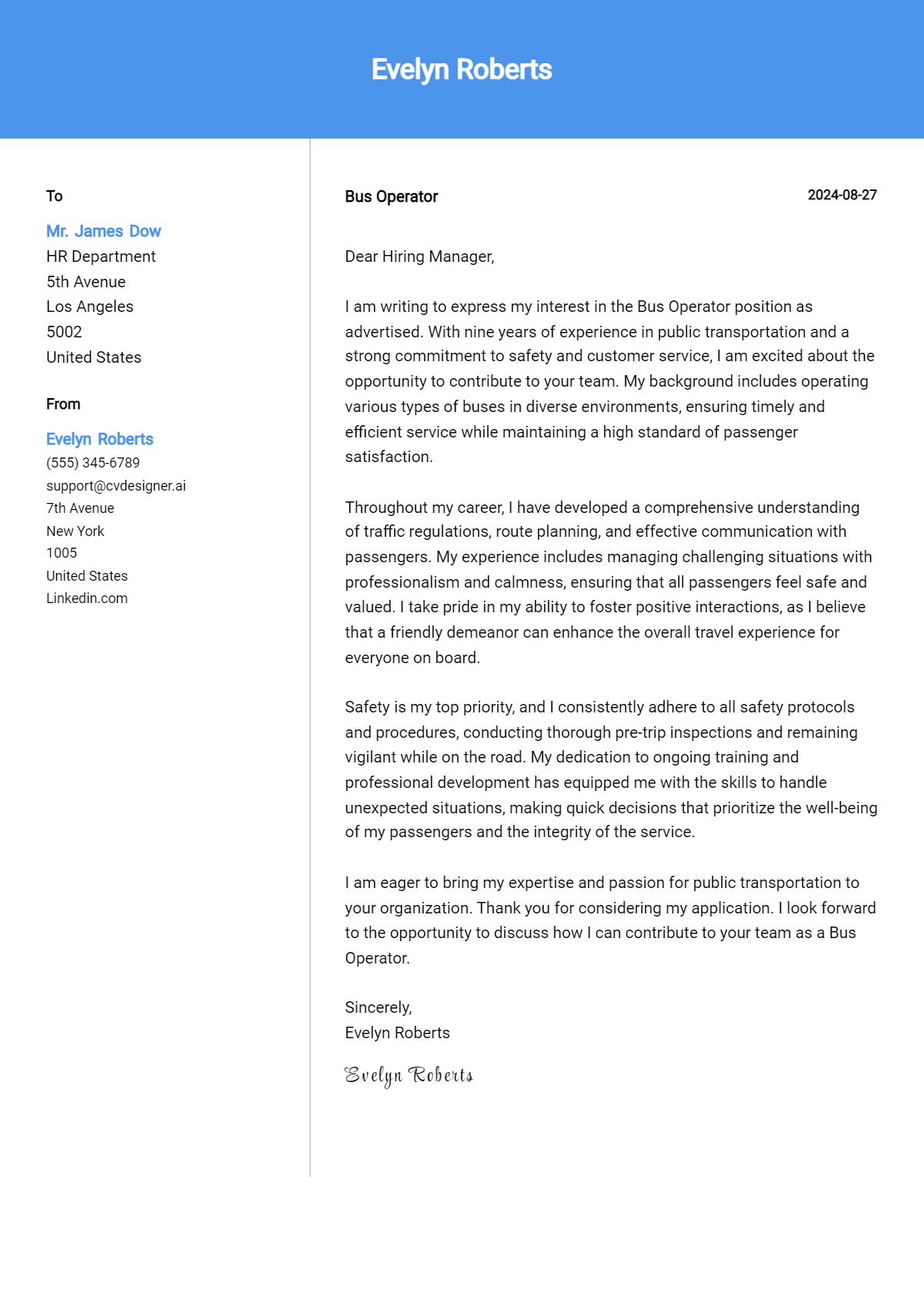 Bus Operator Cover Letter Example for 2026 (Free Templates) Preview