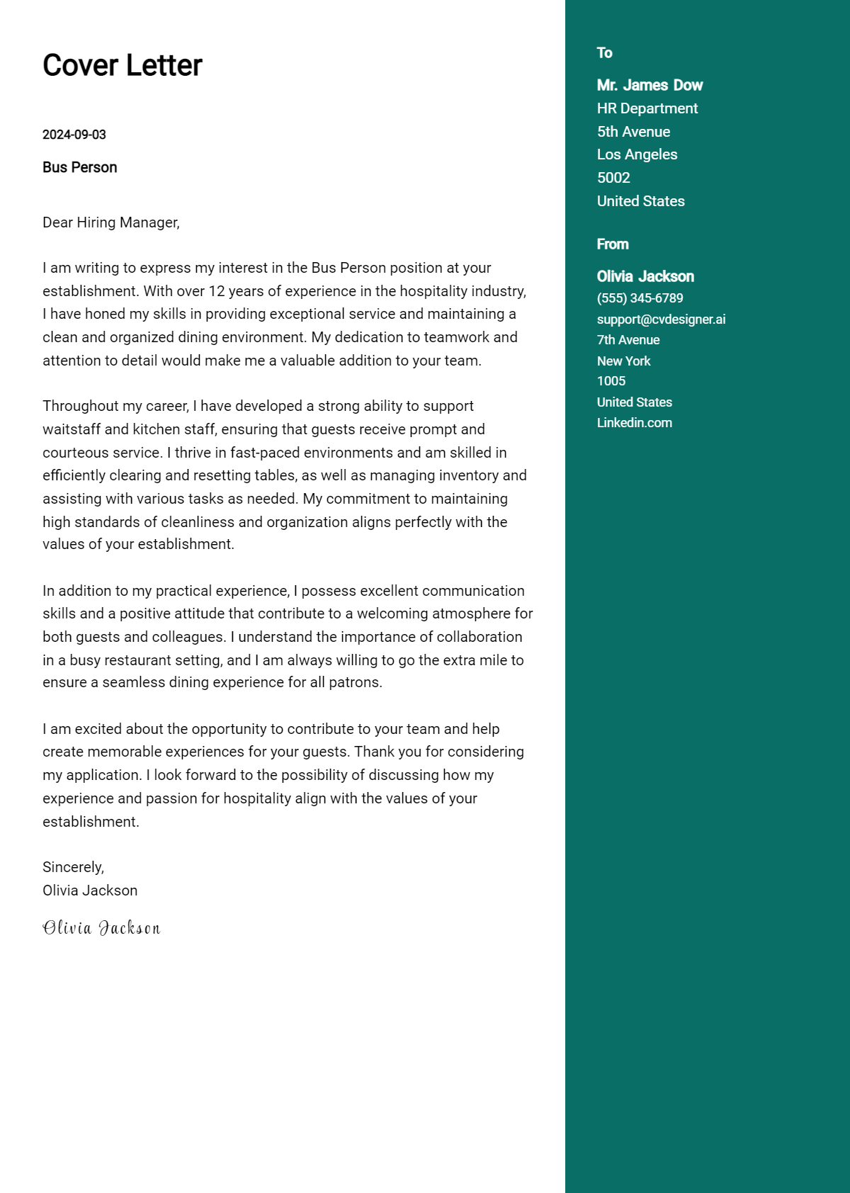 Bus Person Cover Letter Example for 2026 (Writing Guide) Preview