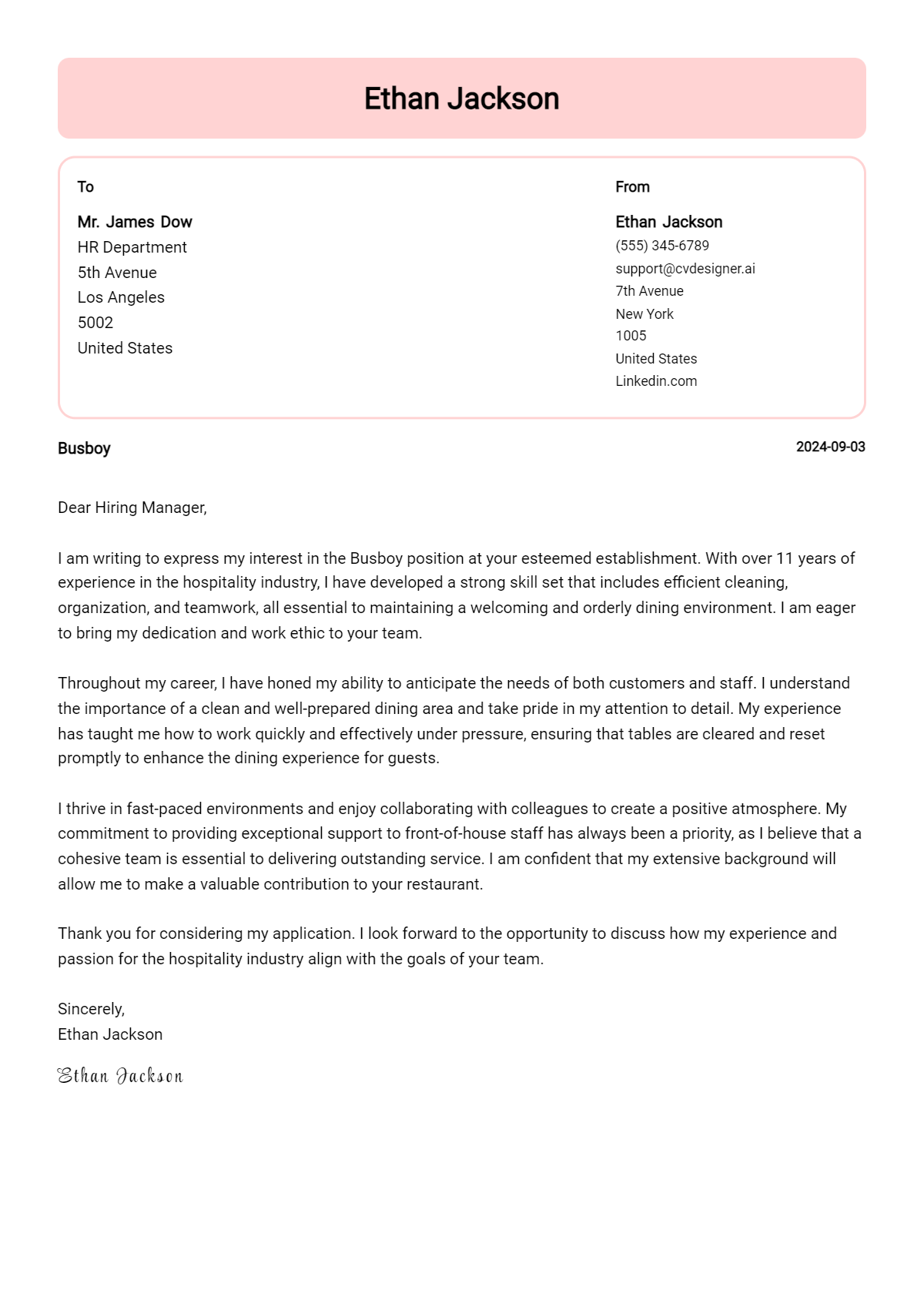 Busboy Cover Letter Example for 2026: Top CV Skills Preview