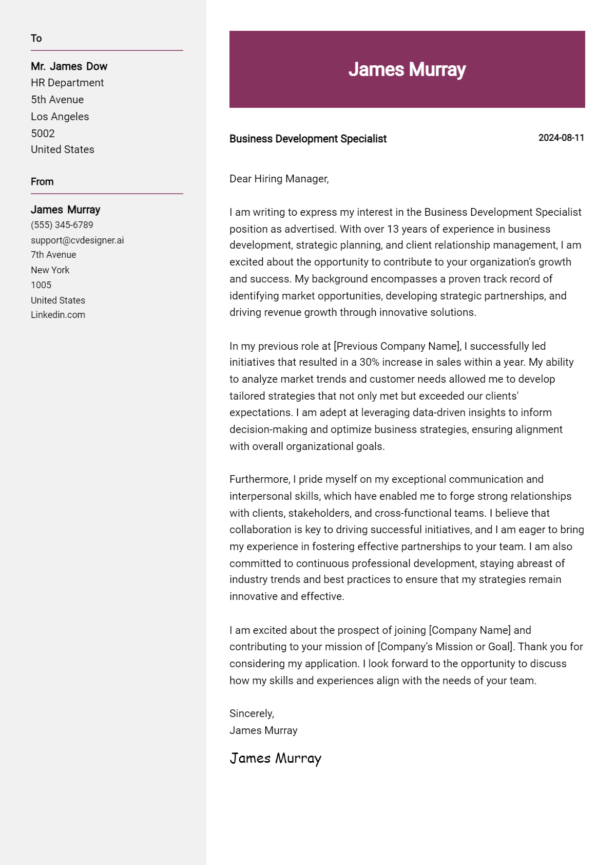 Business Development Specialist Cover Letter Examples and Templates for 2026 Preview