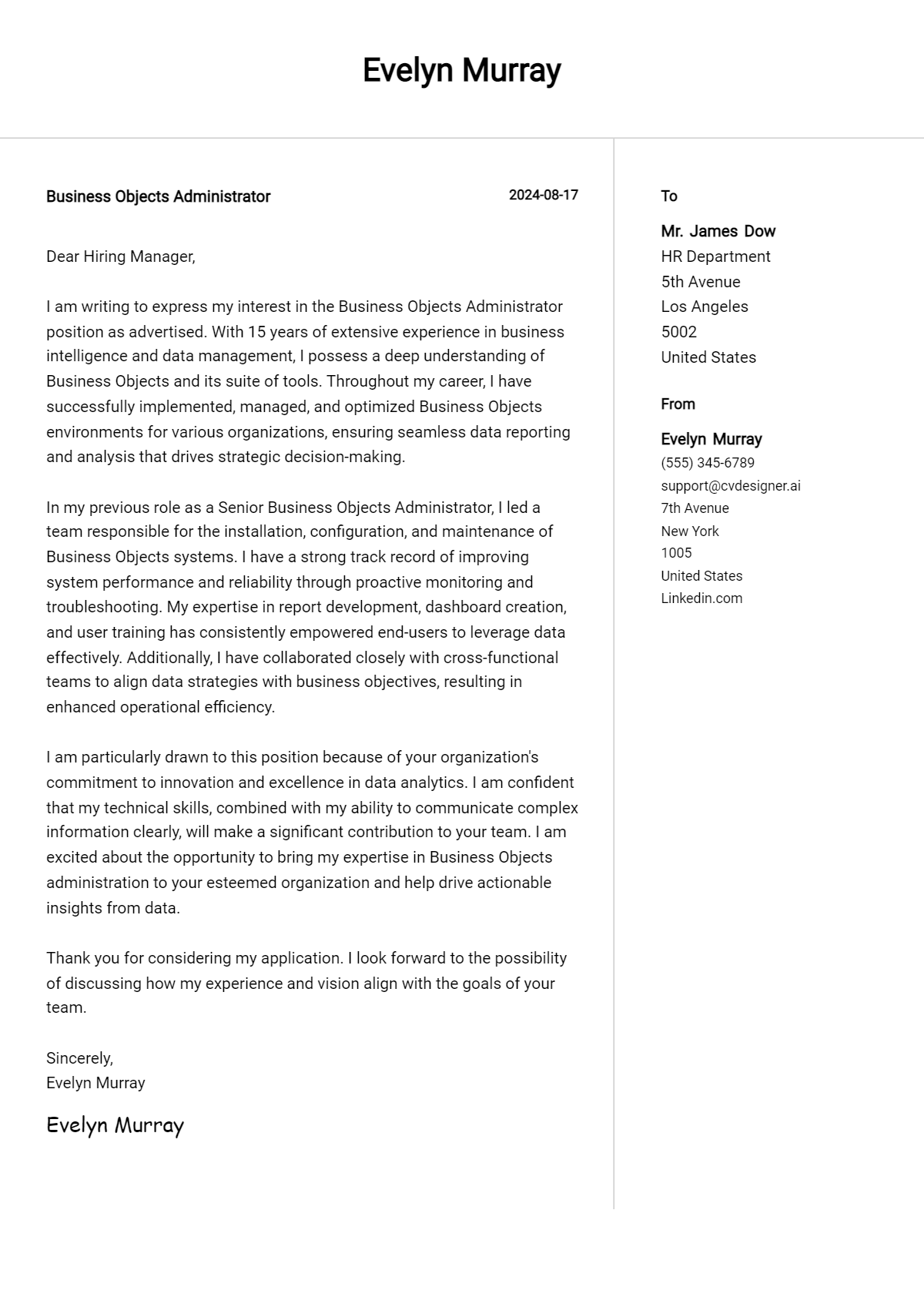 Business Objects Administrator Cover Letter Examples & Samples for 2026 Preview