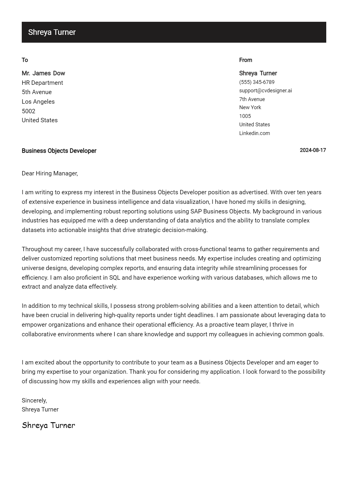 Business Objects Developer Cover Letter Example for 2026 (Free Templates) Preview