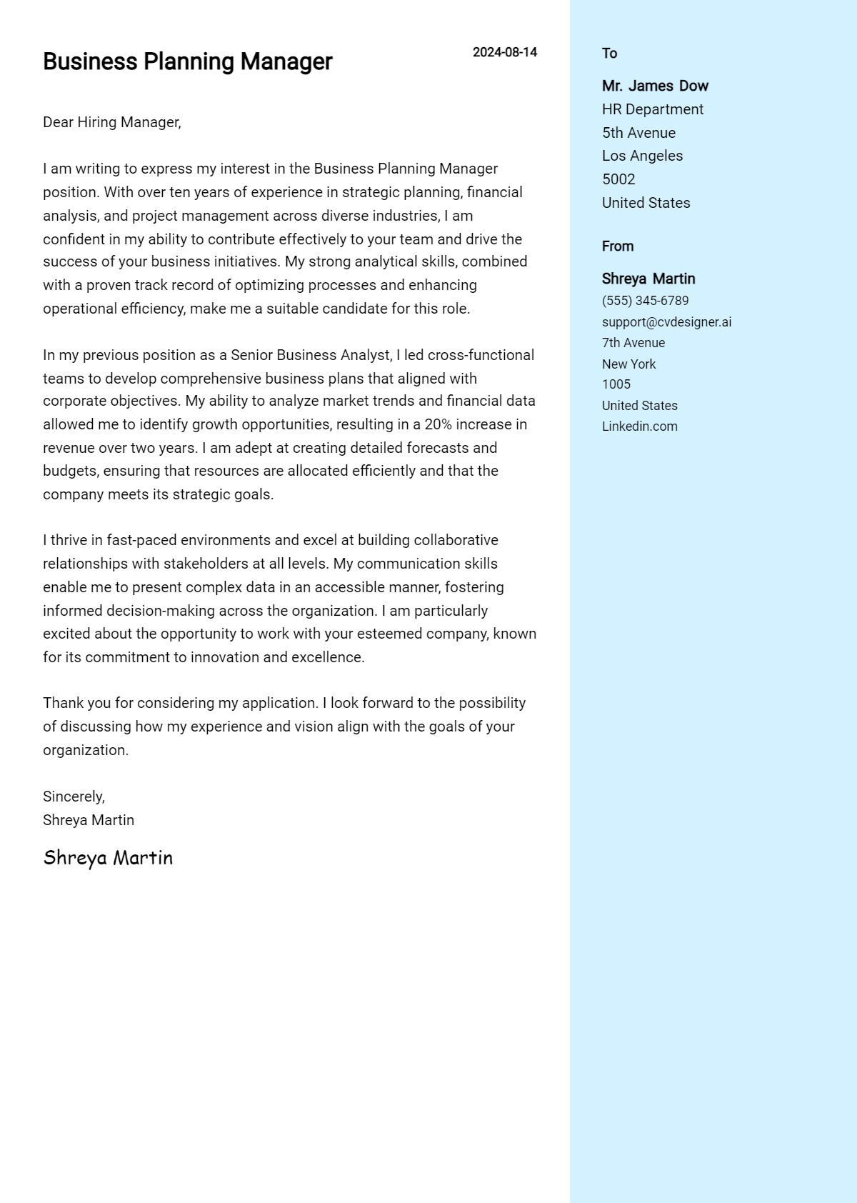 9 Business Planning Manager Cover Letter Examples for 2026 (Download Templates) Preview