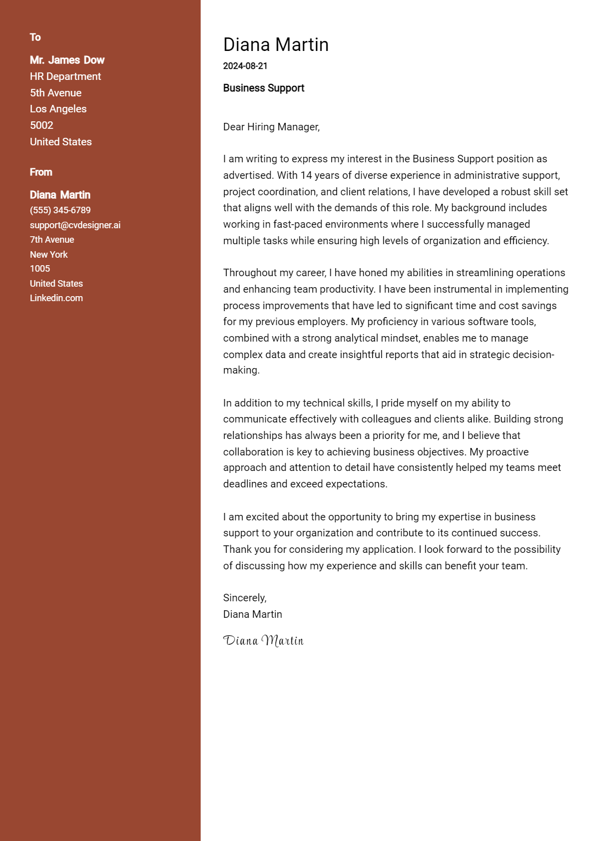 Business Support Cover Letter Example for 2026: Top CV Skills Preview