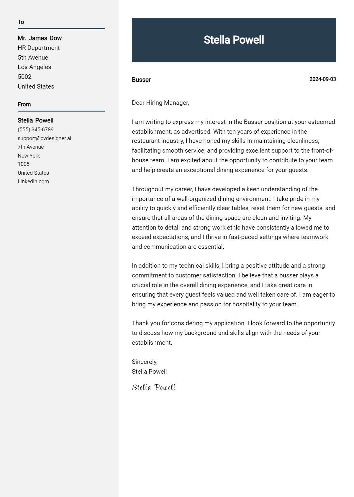 Busser Cover Letter Example for 2026 (Writing Guide) Preview