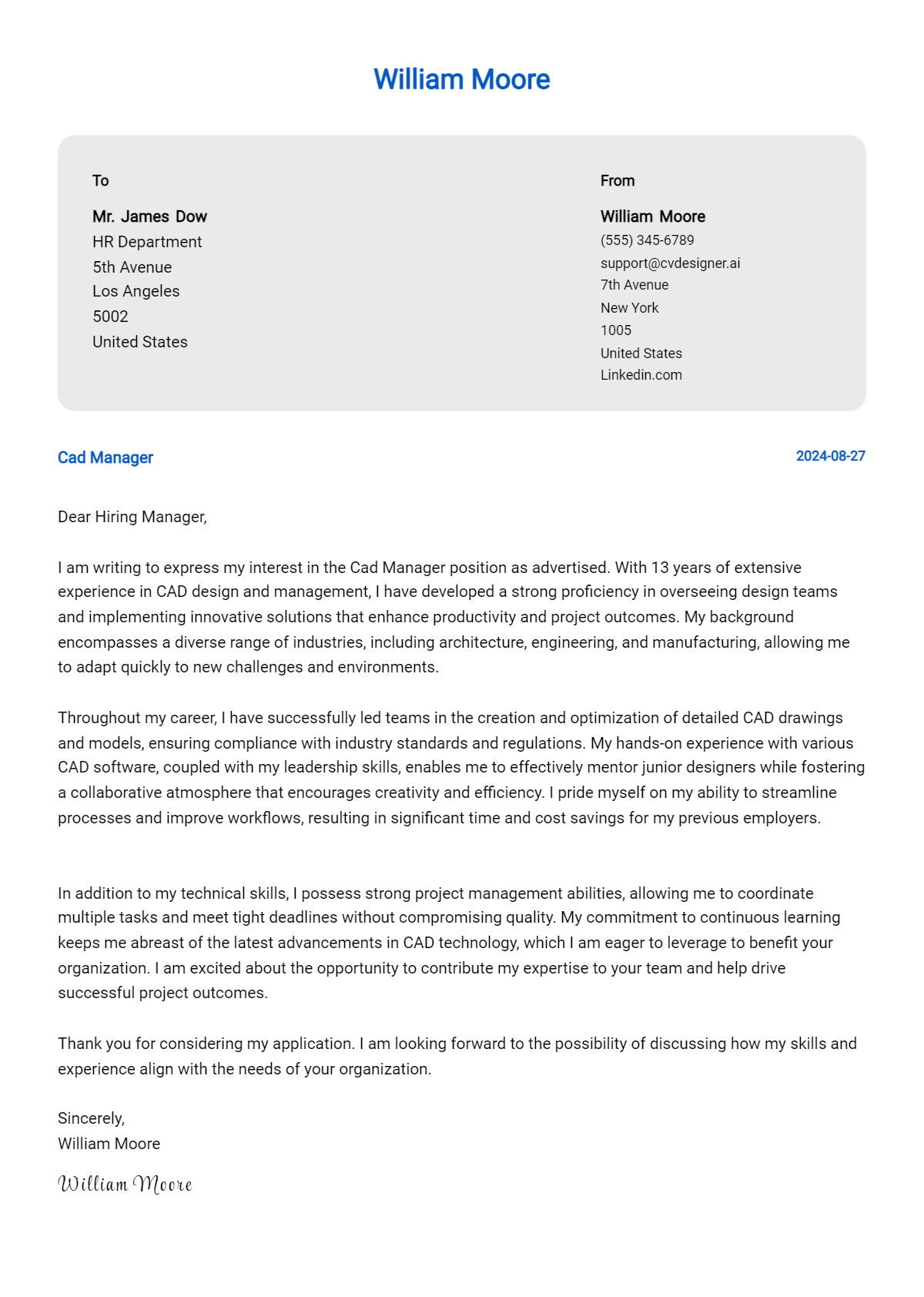 7 CAD Manager Cover Letter Example for 2026 (Free Templates) Preview