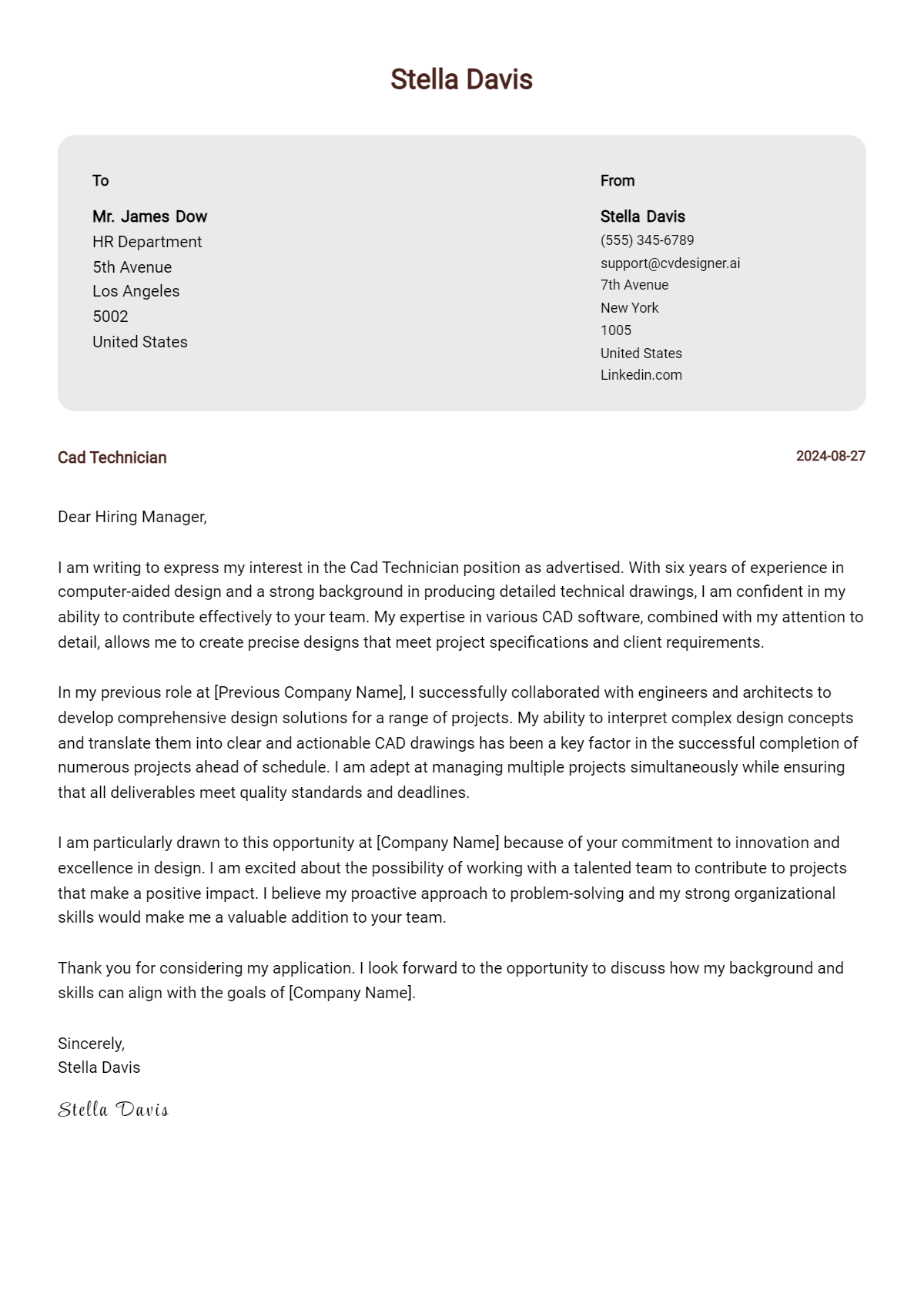21 CAD Technician Cover Letter Samples & Examples 2026 Preview