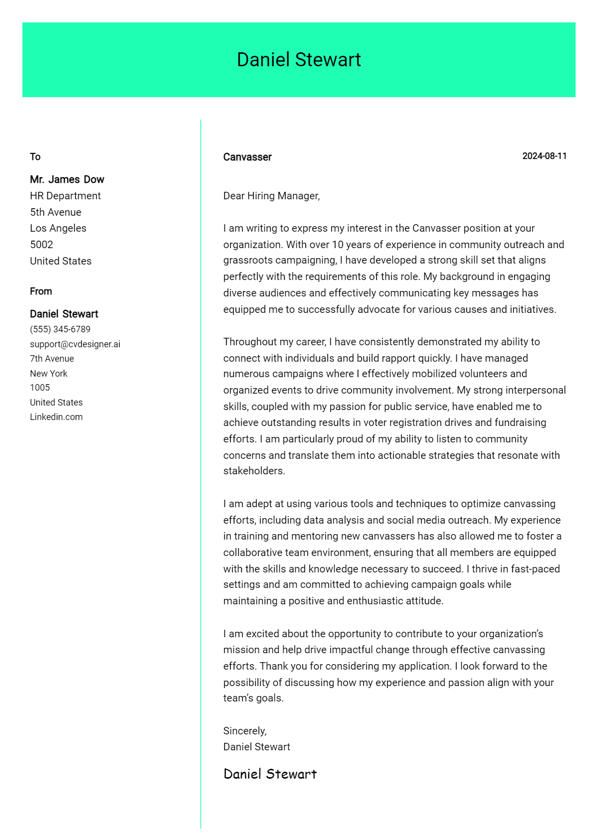 Canvasser Cover Letter Example for 2026: Proven Tips Preview