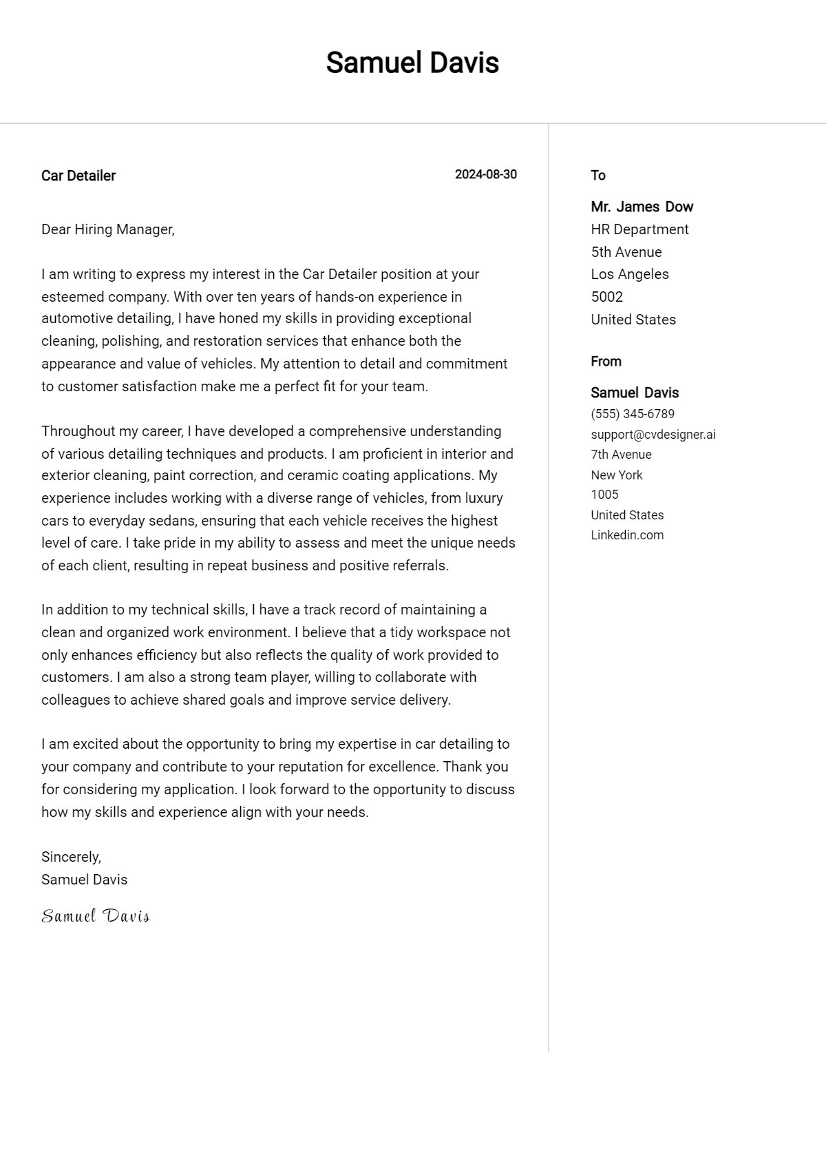 Car Detailer Cover Letter Example for 2026: Top CV Skills Preview