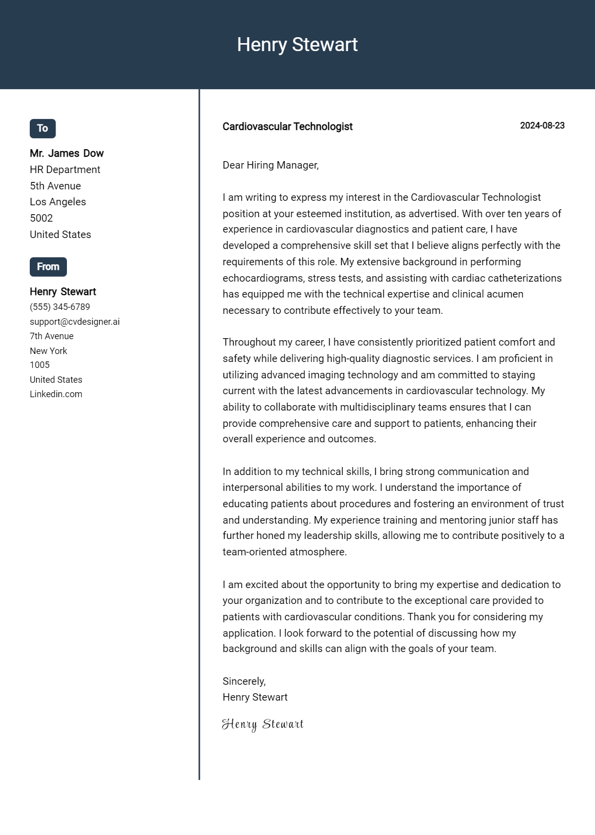 Cardiovascular Technologist Cover Letter Example for 2026 (Writing Guide) Preview