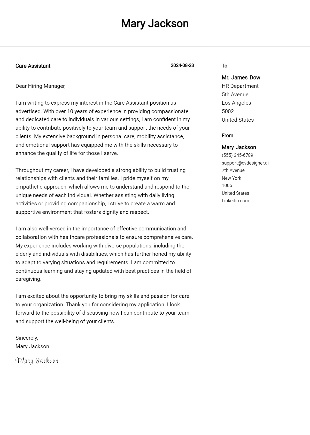 Care Assistant Cover Letter Example for 2026 (Free Templates) Preview