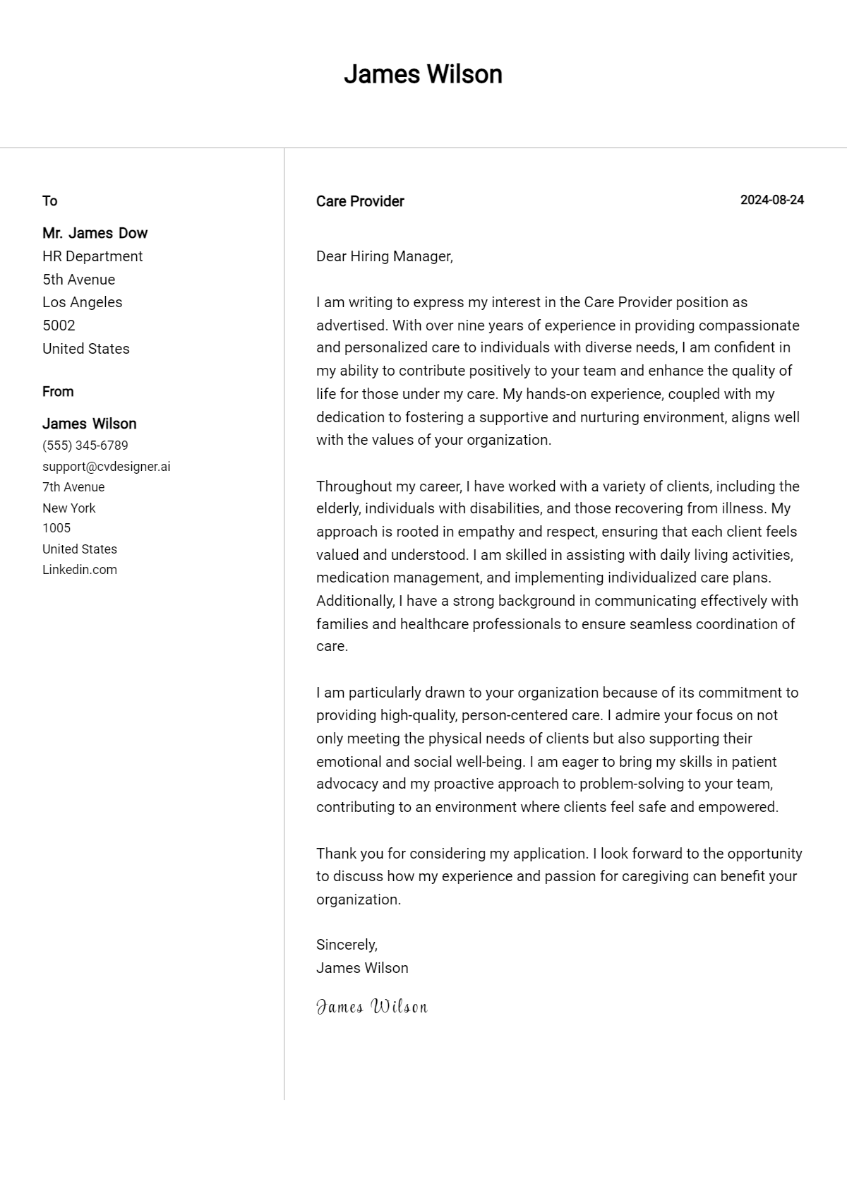 Care Provider Cover Letter Example for 2026 (Free Templates) Preview