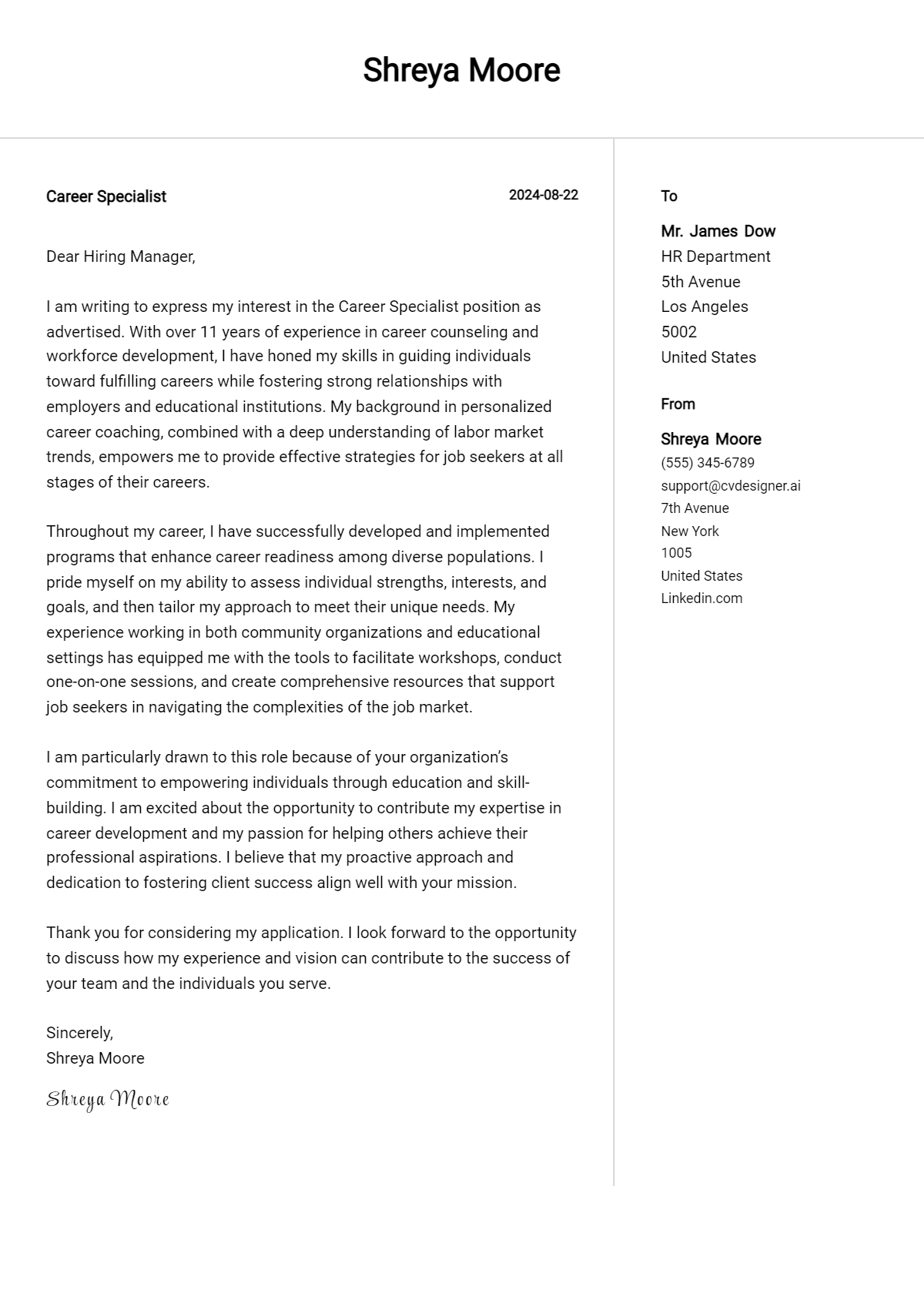 Career Specialist Cover Letter Example for 2026 (Complete Writing Guide) Preview