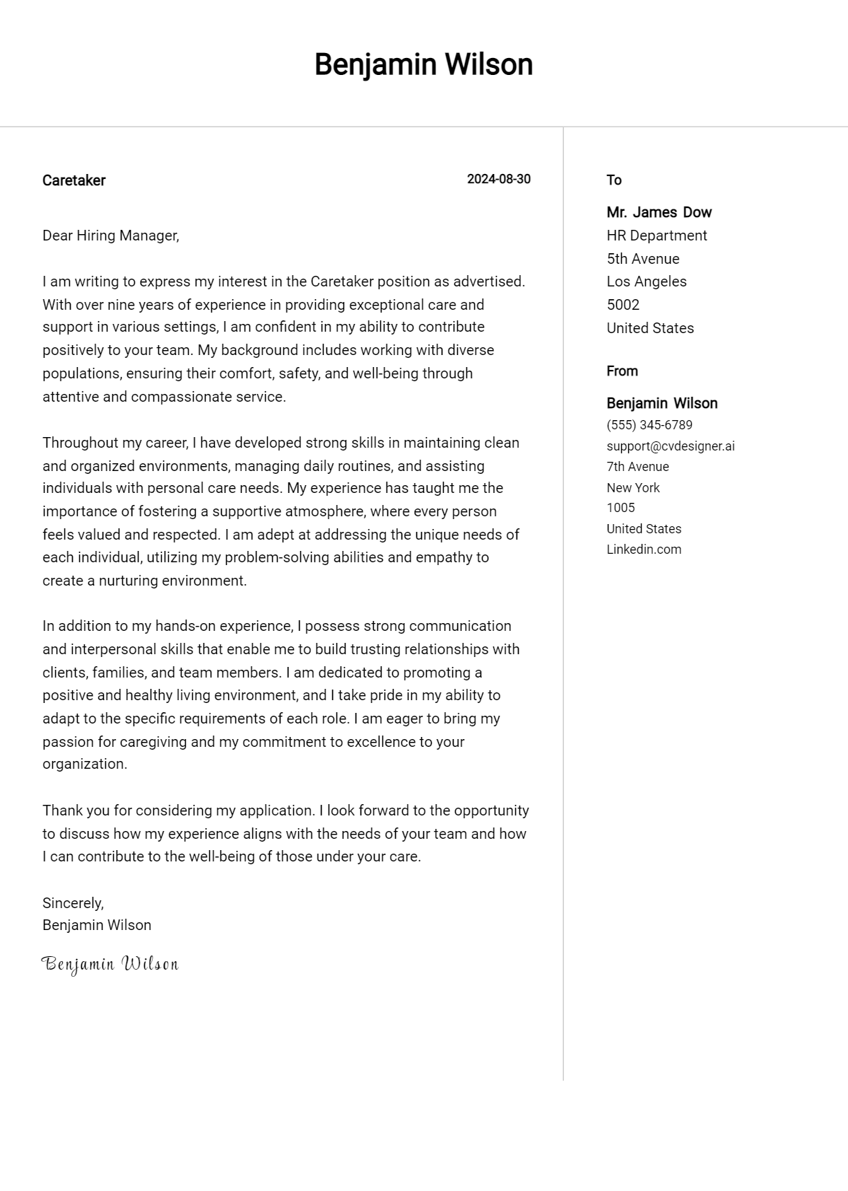 Caretaker Cover Letter Example for 2026 (Complete Writing Guide) Preview