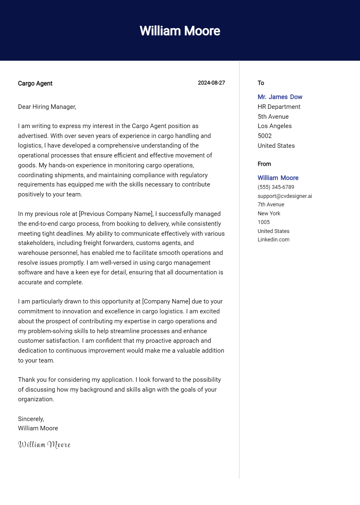 Cargo Agent Cover Letter Examples and Templates for 2026 Preview