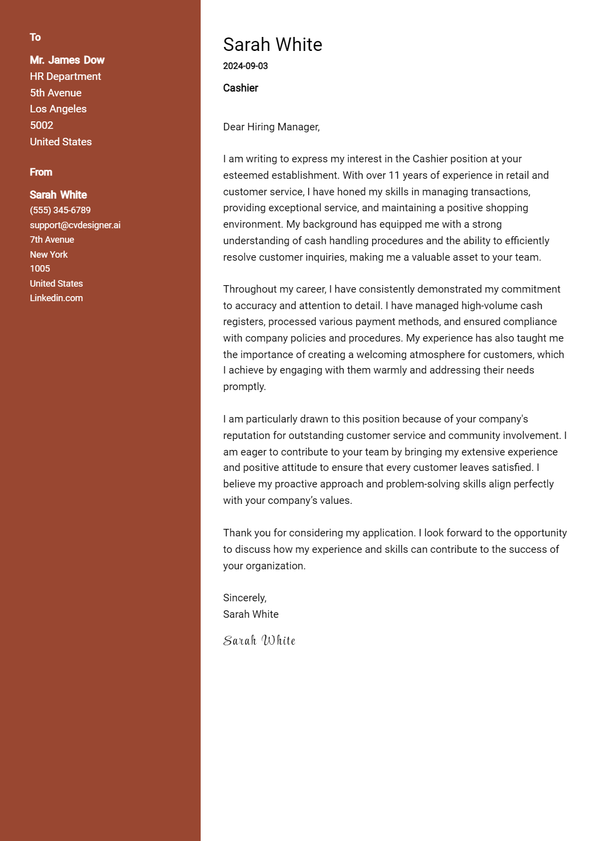 Cashier Cover Letter Example for 2026 (Download Templates) Preview