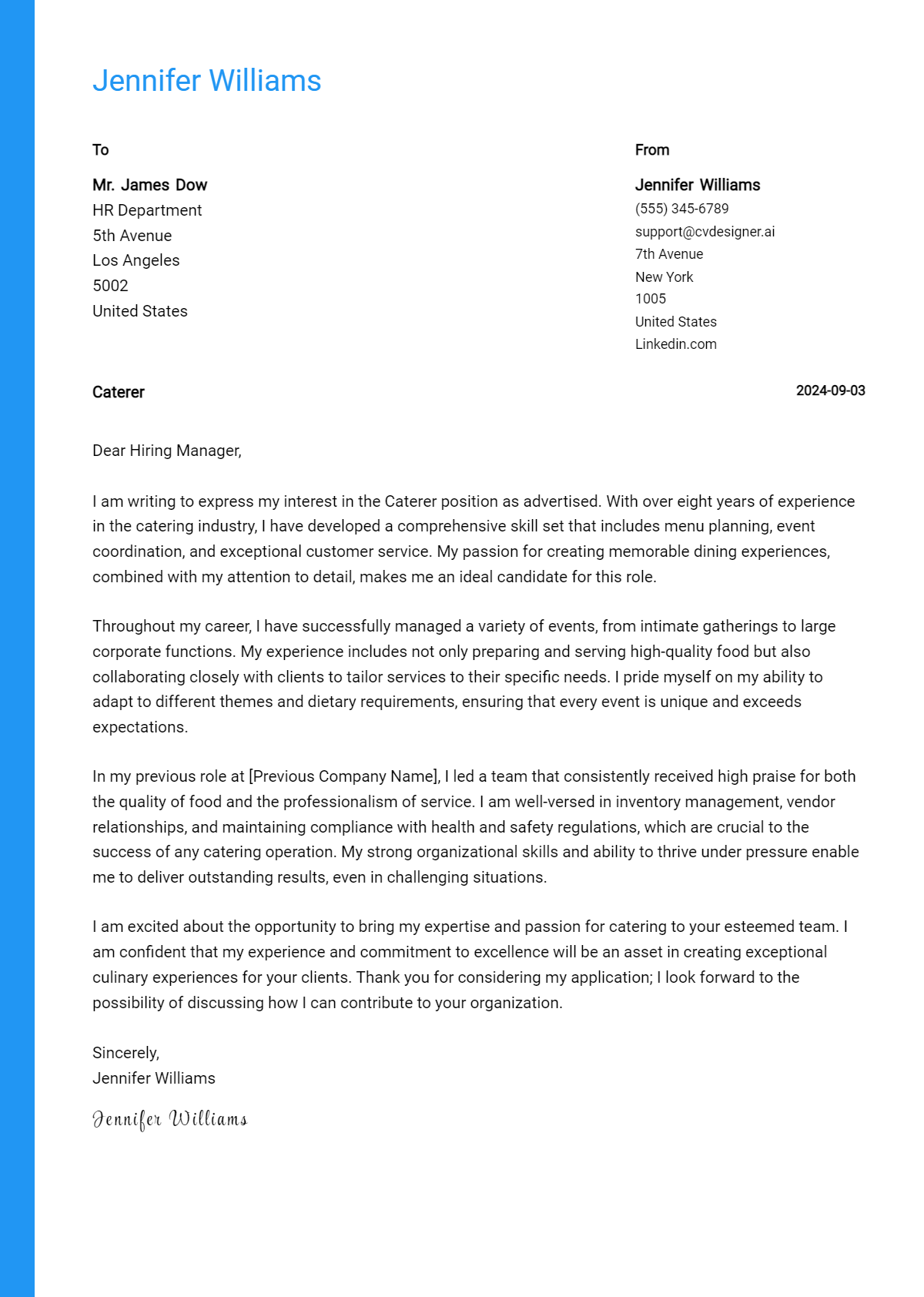 Caterer Cover Letter Example for 2026: Tips & Templates Preview
