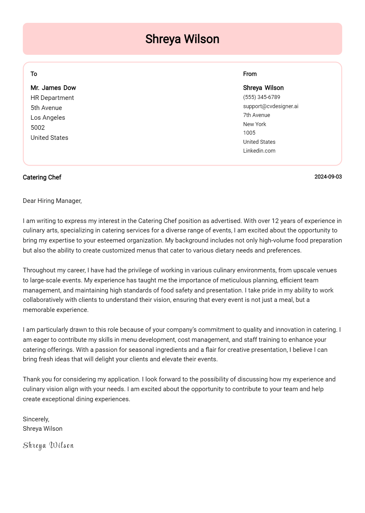 Catering Chef Cover Letter Example for 2026: Free Templates Preview